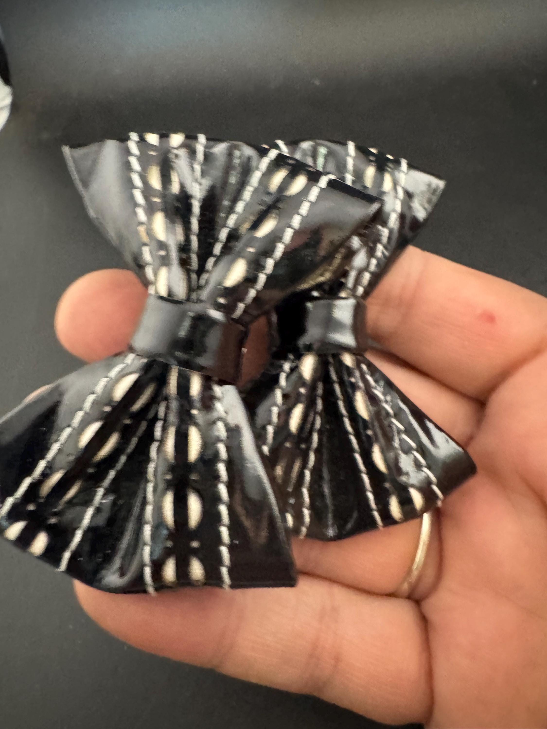 pair of Black and white monochrome patent ribbon BOW shoe clips