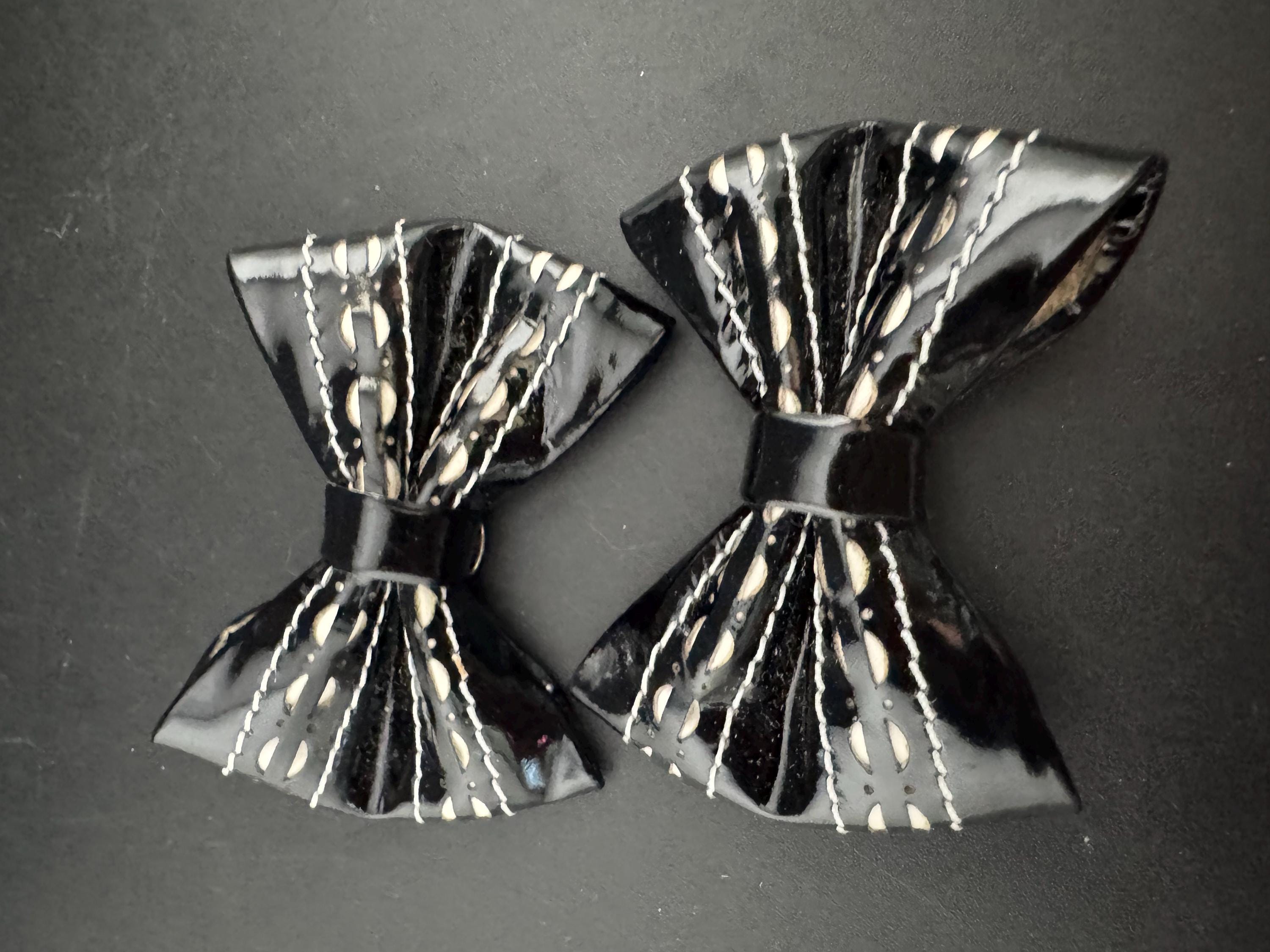 pair of Black and white monochrome patent ribbon BOW shoe clips