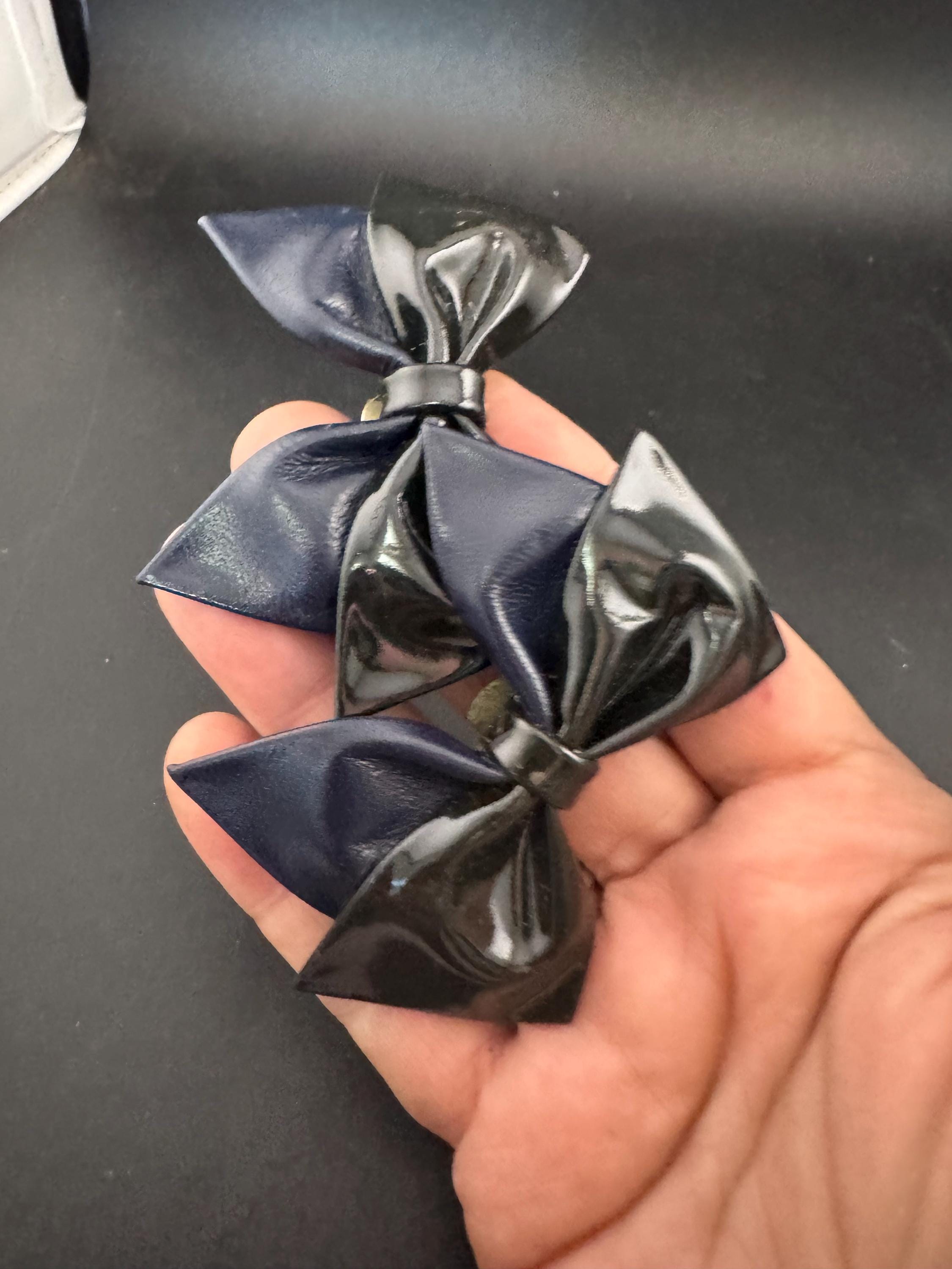 pair of Black and navy blue two tone patent ribbon BOW shoe clips