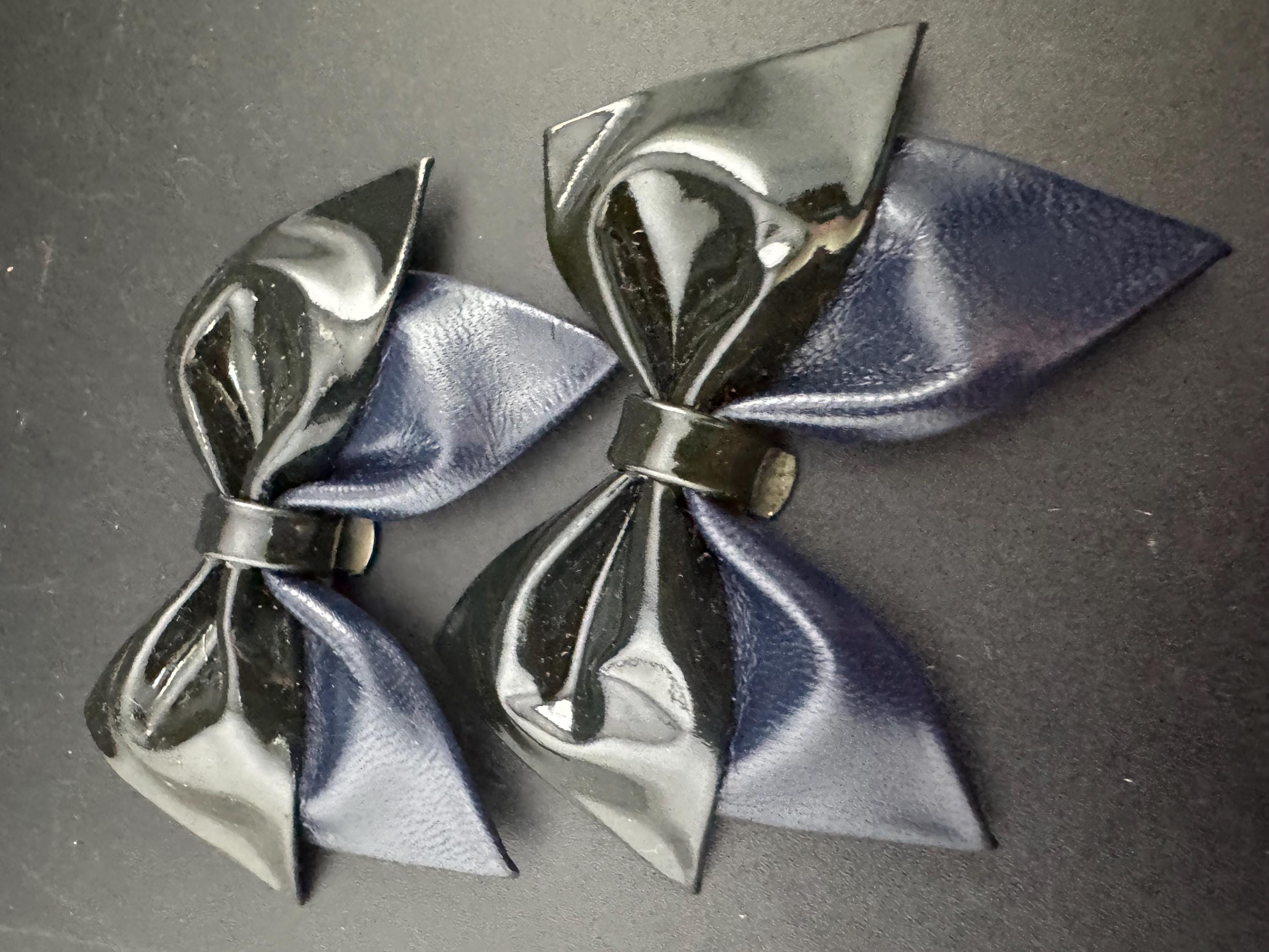 pair of Black and navy blue two tone patent ribbon BOW shoe clips