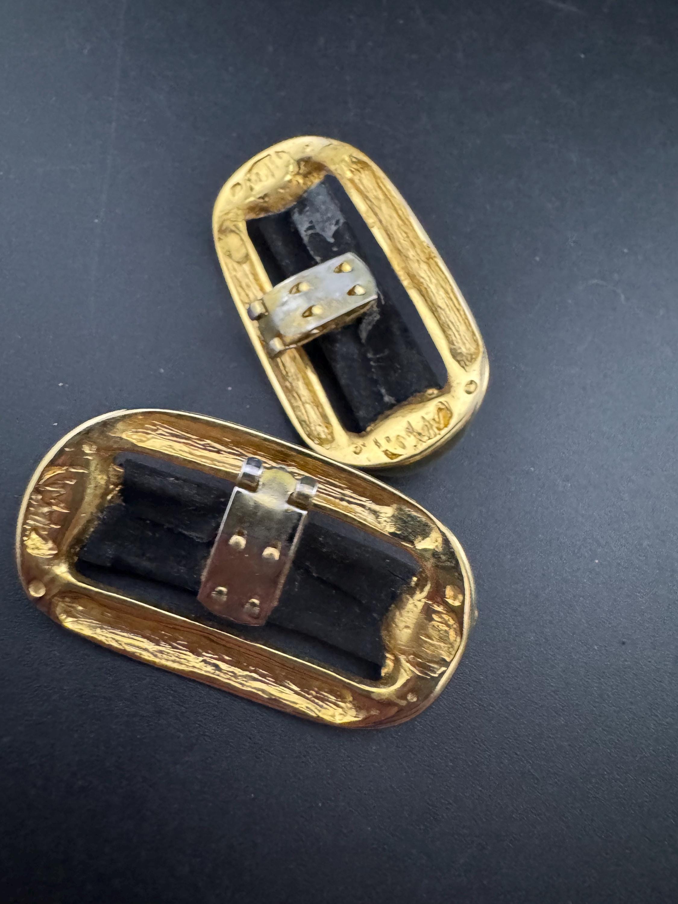High end pair of black suede leather and gold tone metal detailing shoe clips Vintage pumps flats 1980s 1990s