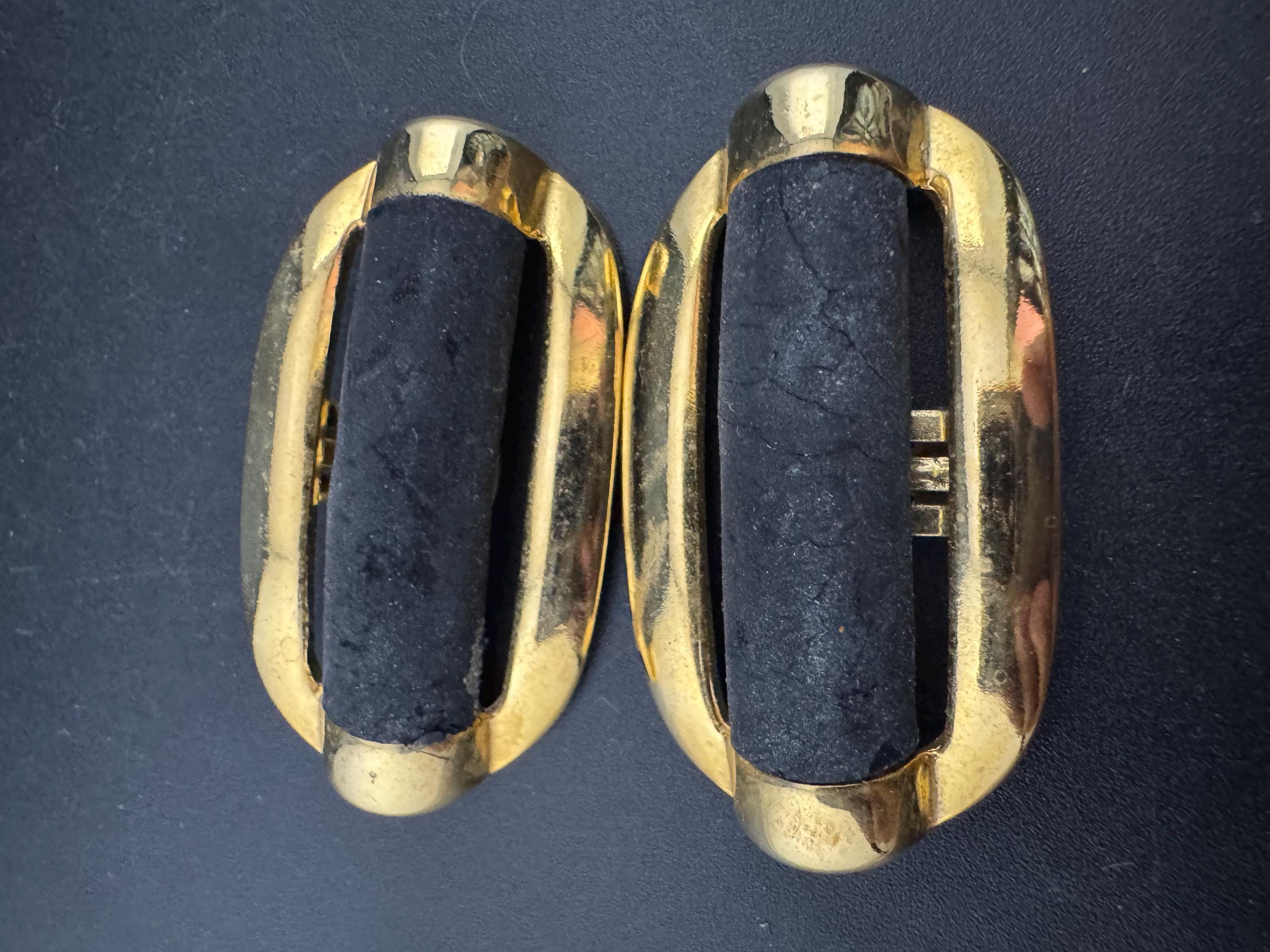 High end pair of black suede leather and gold tone metal detailing shoe clips Vintage pumps flats 1980s 1990s