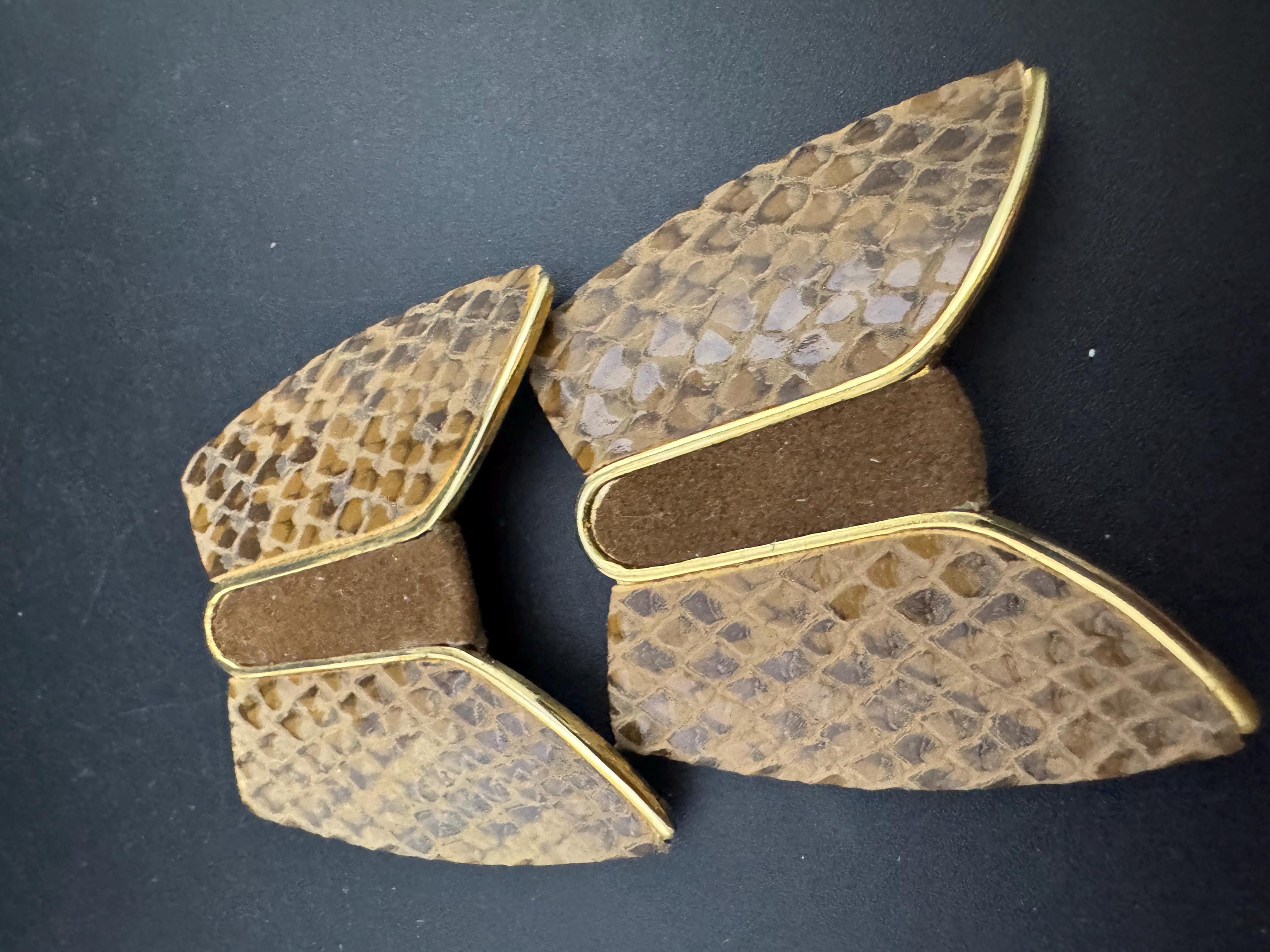 Vintage Pair of brown tan suede leather and gold tone metal shoe clips