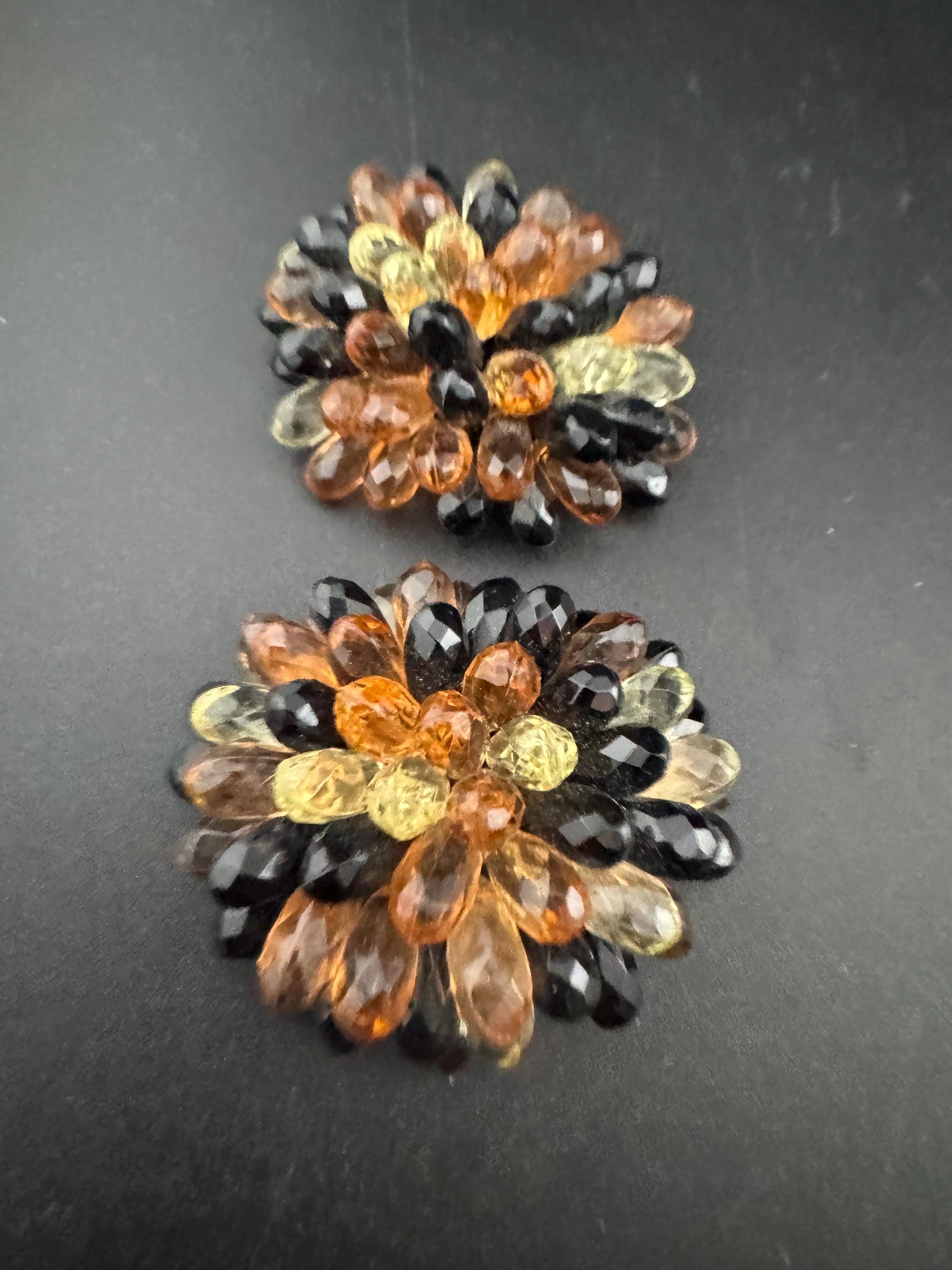 vintage Amber Orange brown acrylic faceted Crystal beaded pair of Pom Pom shoe clips trims