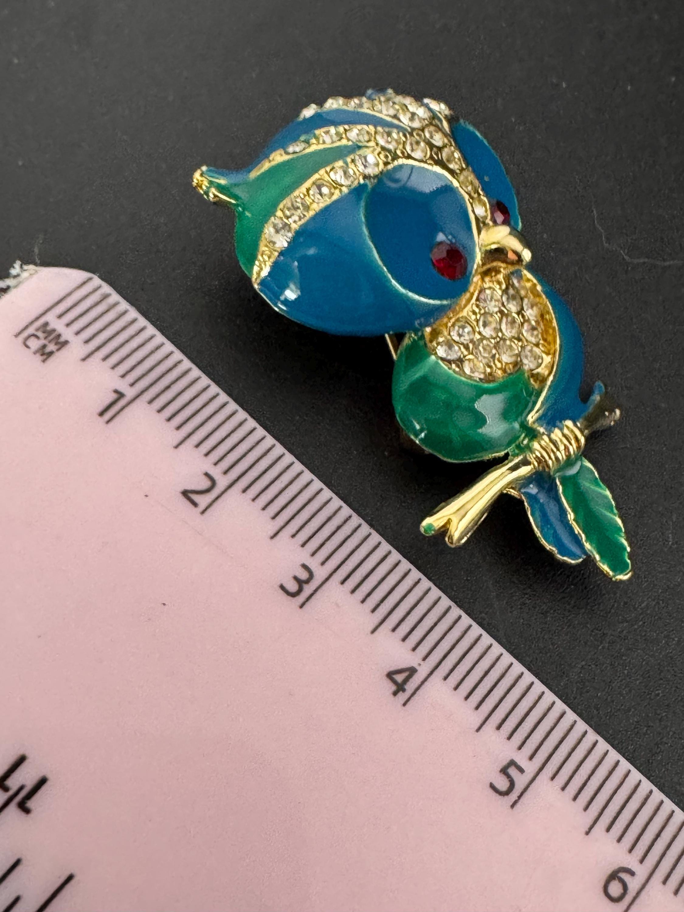 Retro green and blue enamel owl diamanté crystal brooch