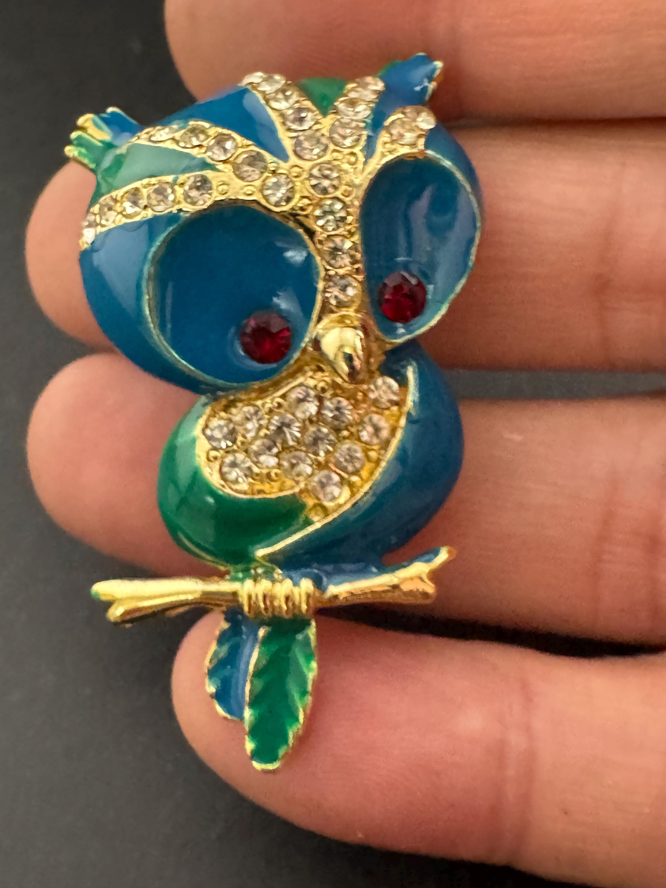 Retro green and blue enamel owl diamanté crystal brooch