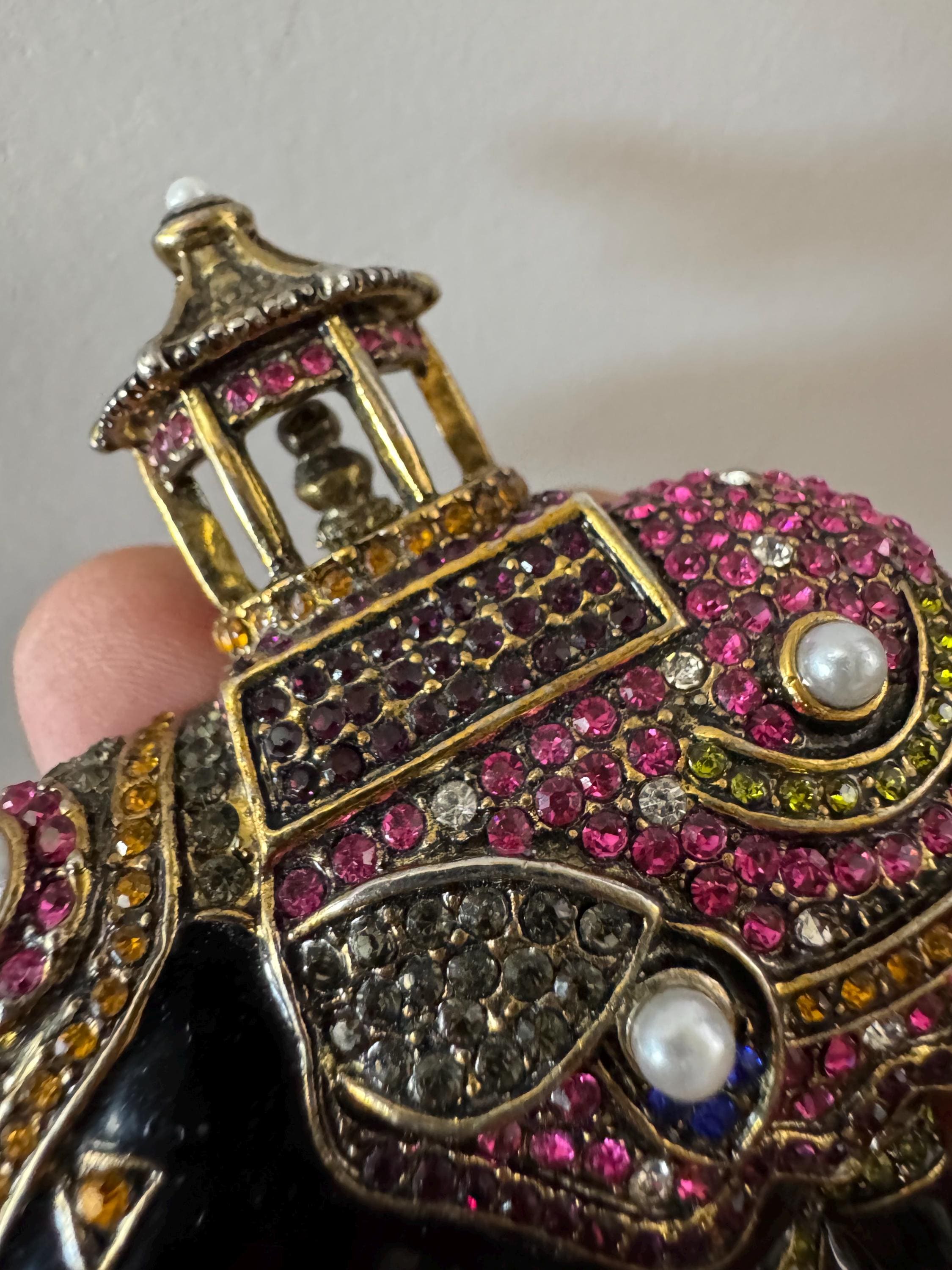 Large statement pin, black enamel pink diamanté Elephant Brooch gold tone with faux pearl