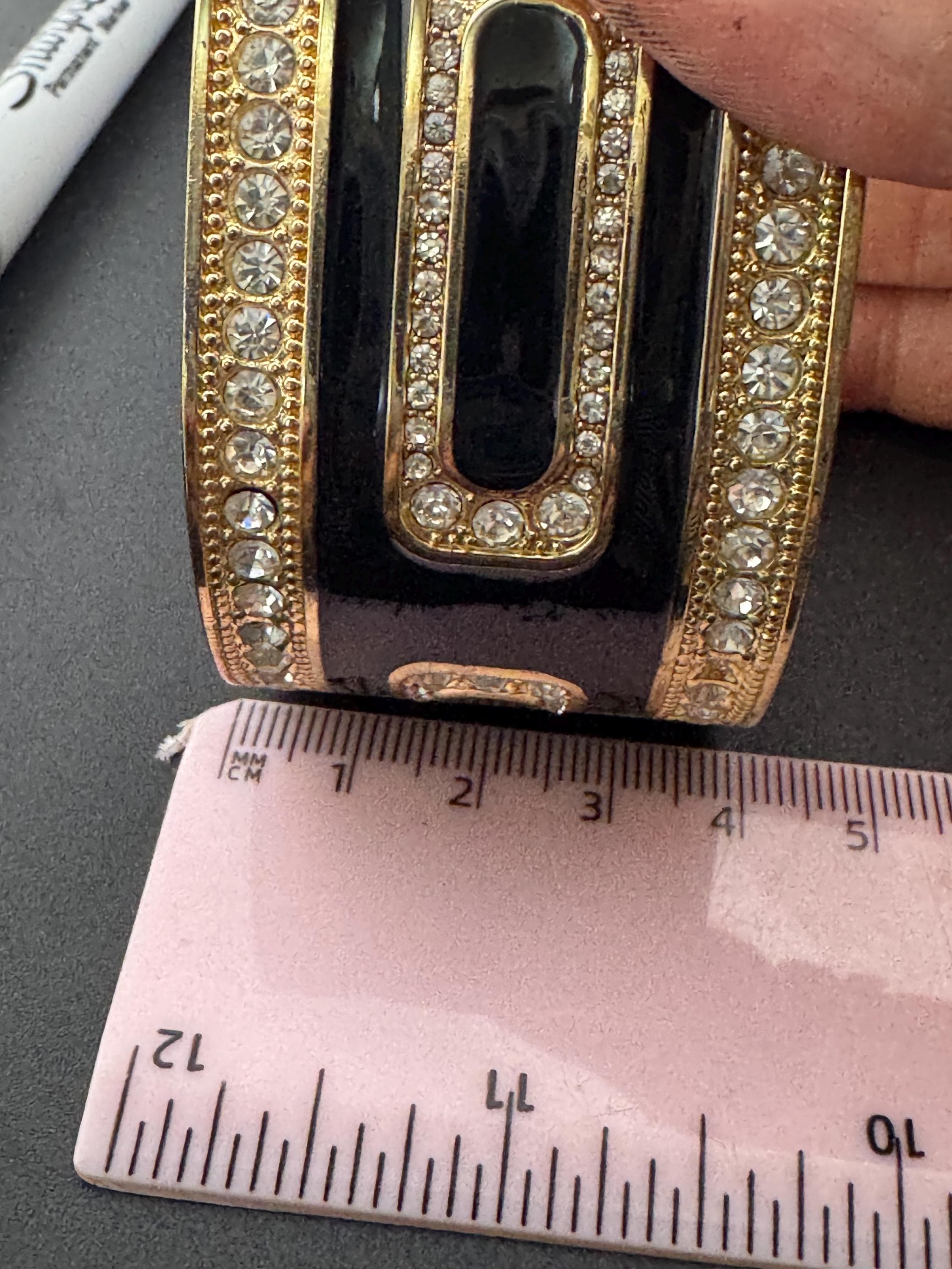 Retro black enamel clear diamanté crystals, gold tone wide art deco style clamper bangle cuff bracelet