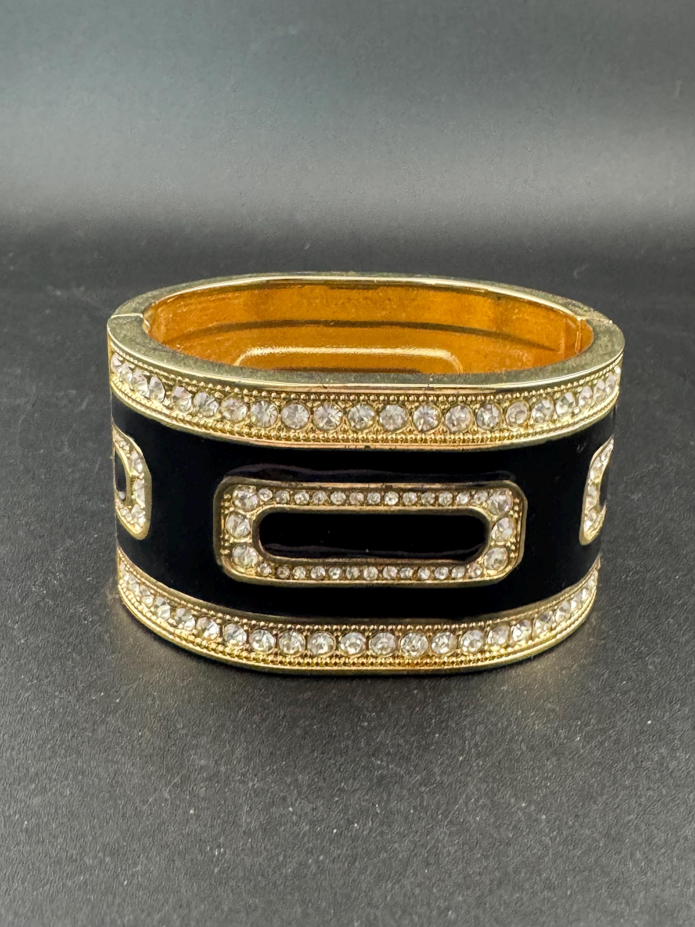 Retro black enamel clear diamanté crystals, gold tone wide art deco style clamper bangle cuff bracelet