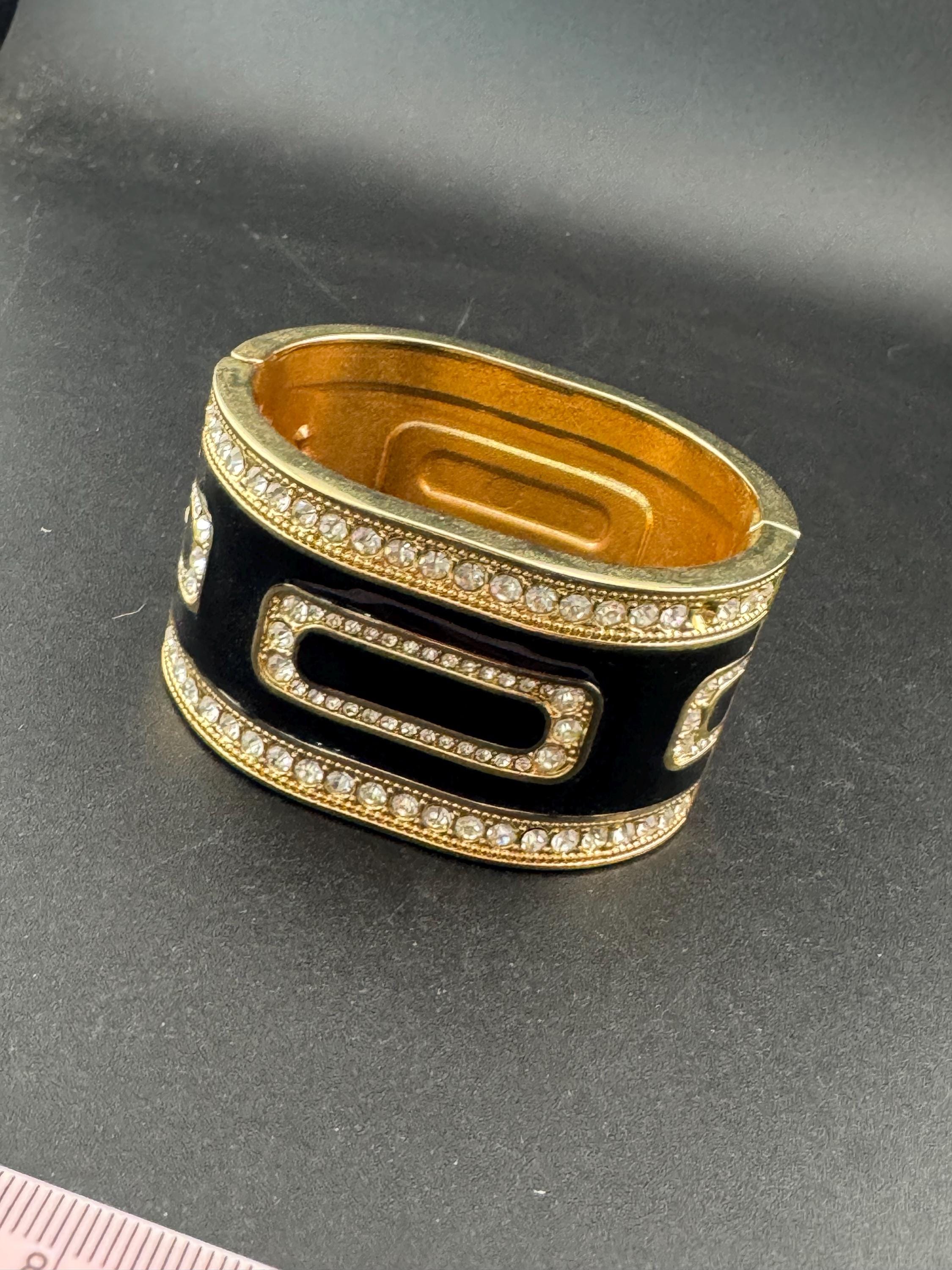 Retro black enamel clear diamanté crystals, gold tone wide art deco style clamper bangle cuff bracelet