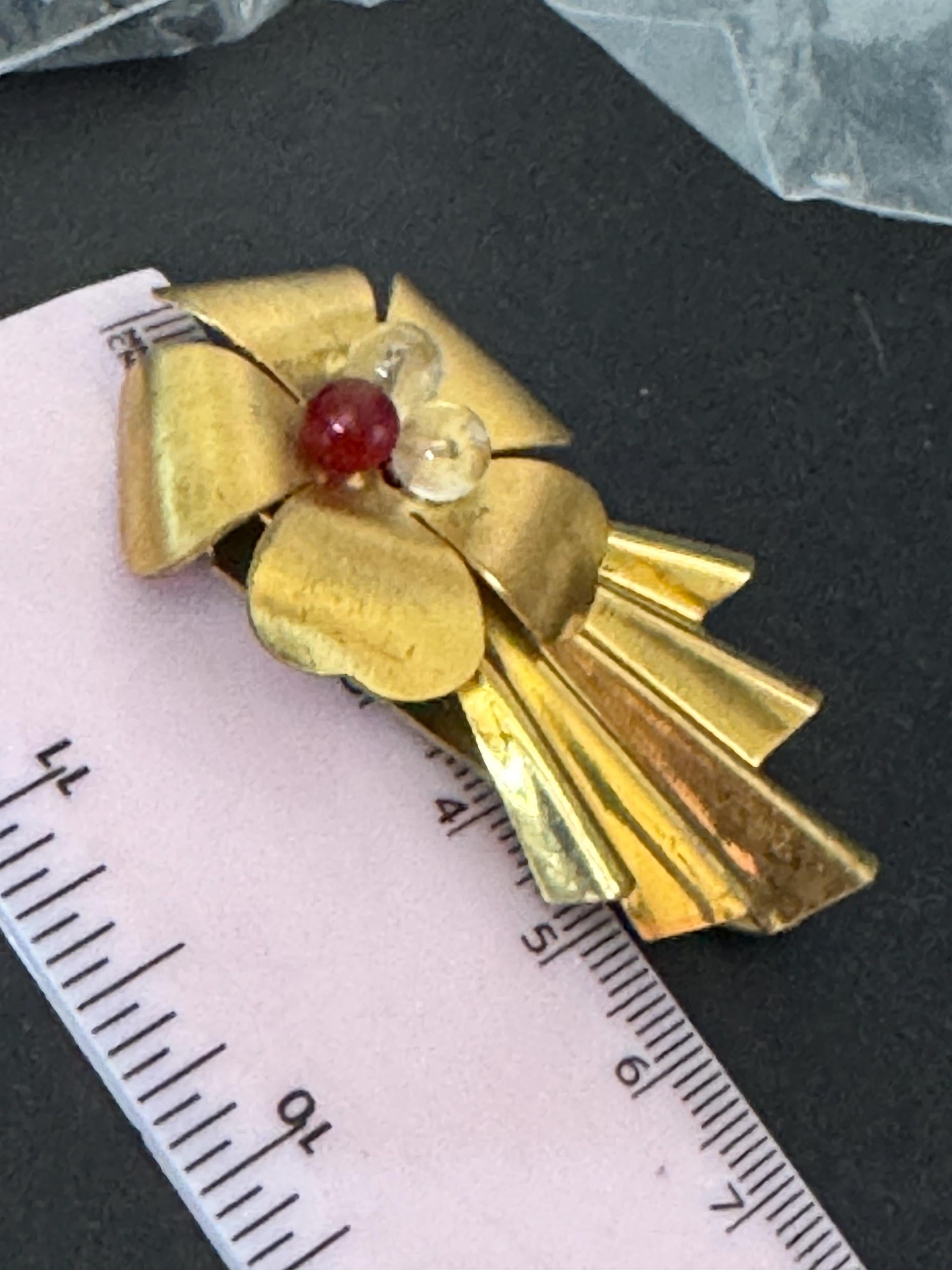 Antique large Art Deco brass fur Pin Clip Early 1930s 1940s with 3 cabochons