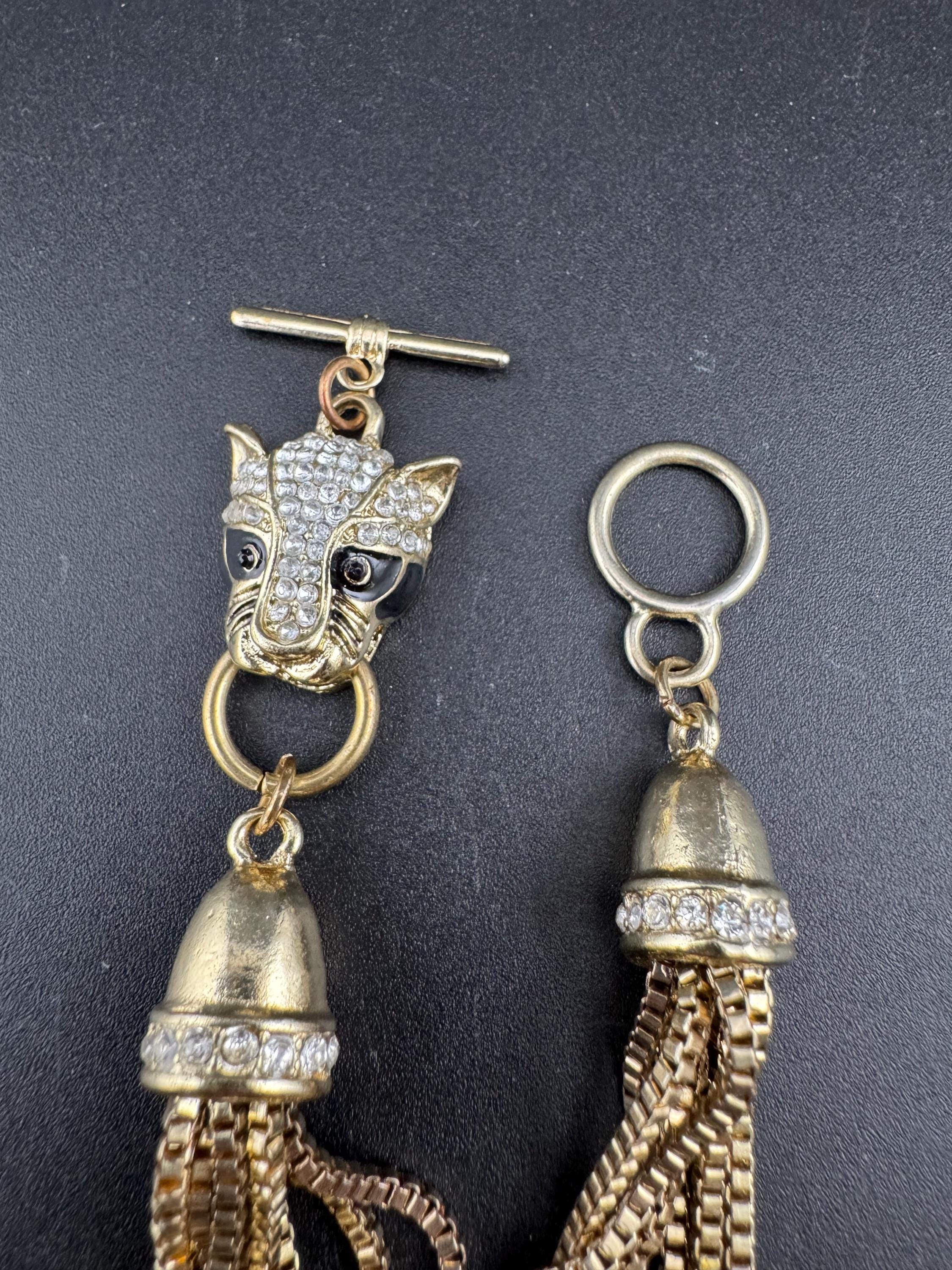 Retro black enamel BIG CAT champagne gold tone box chain link toggle bracelet, tiger panther