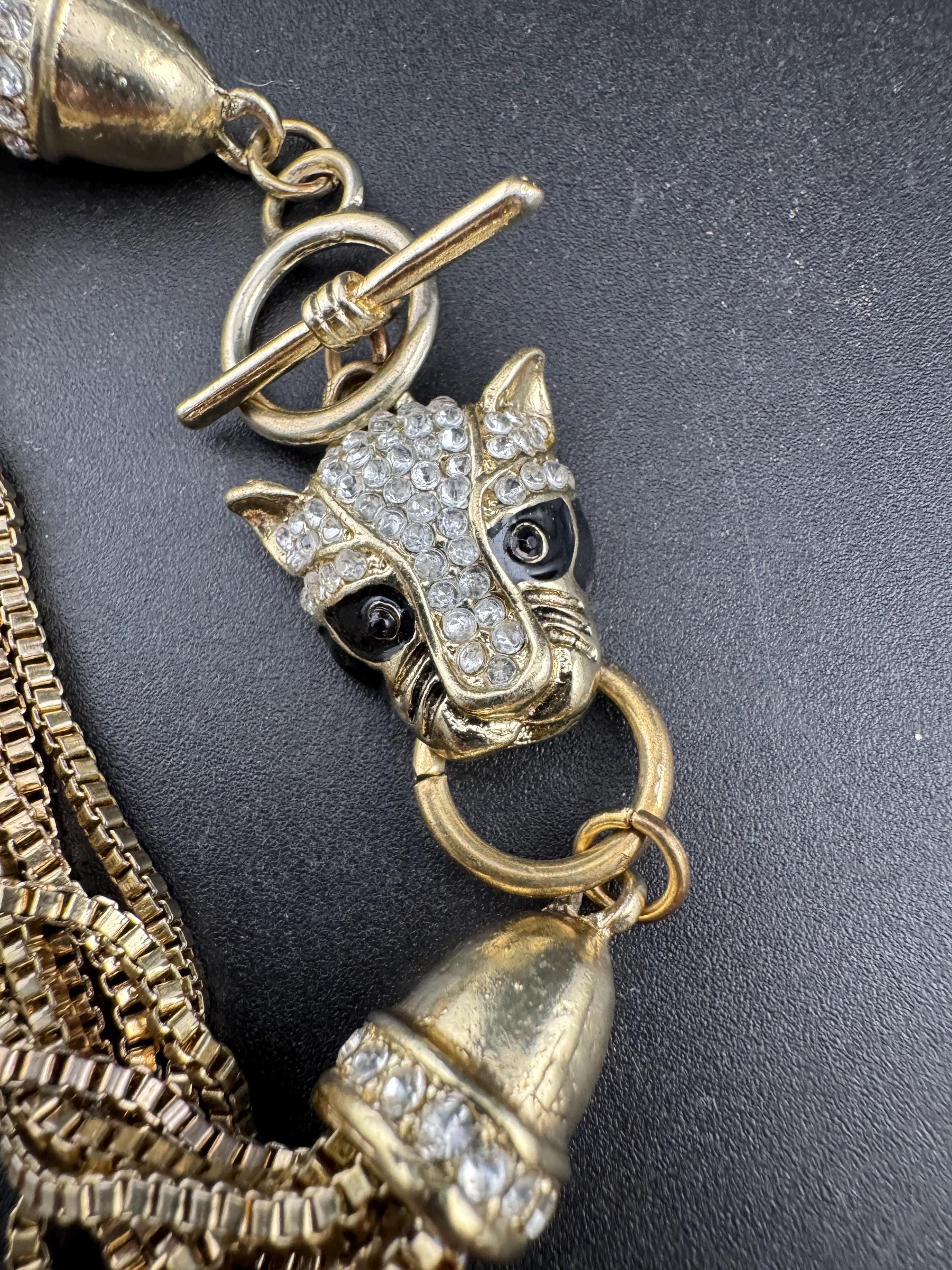 Retro black enamel BIG CAT champagne gold tone box chain link toggle bracelet, tiger panther