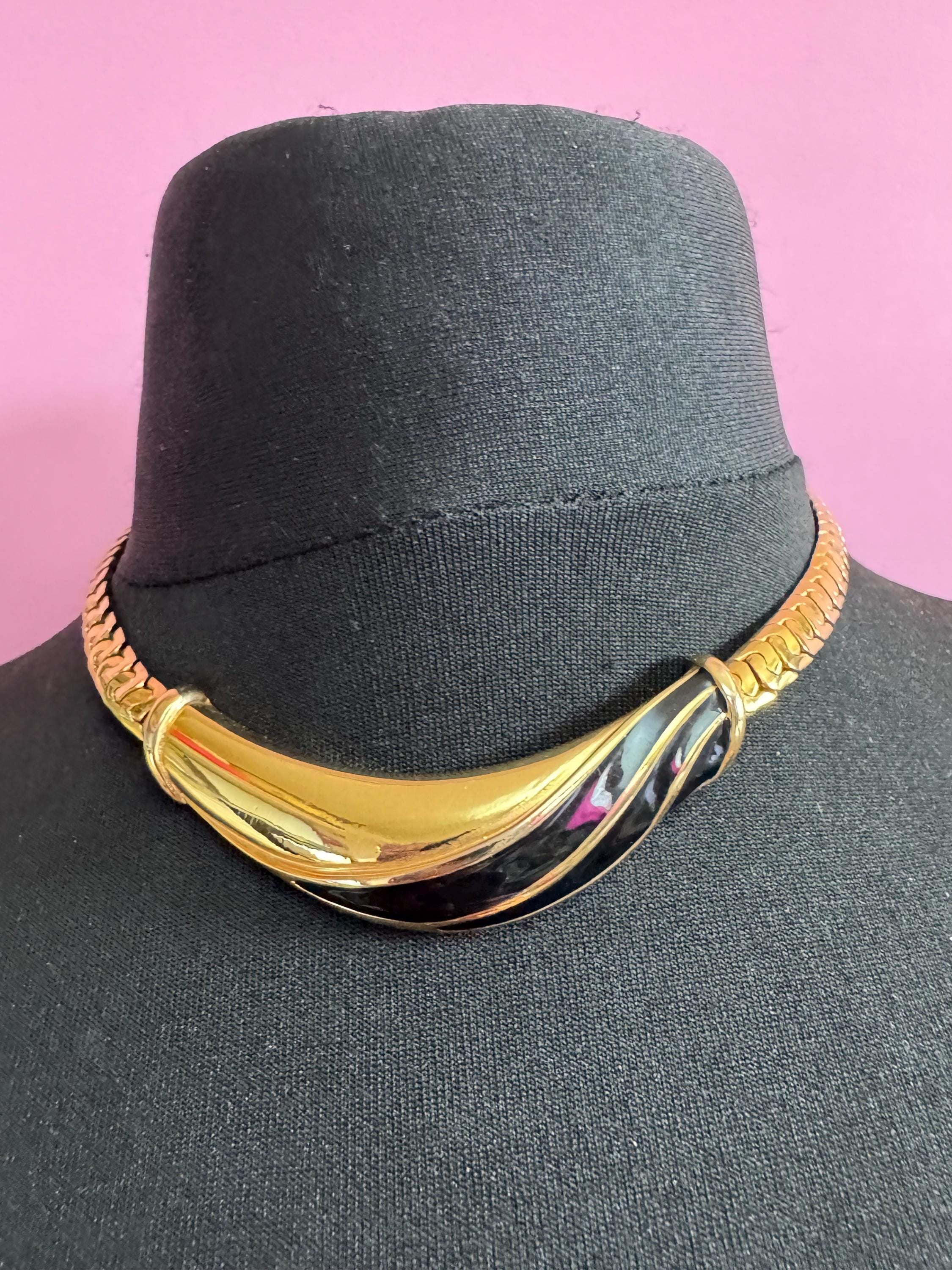 vintage heavy gold plated wide black enamel statement flat chain chunky choker necklace