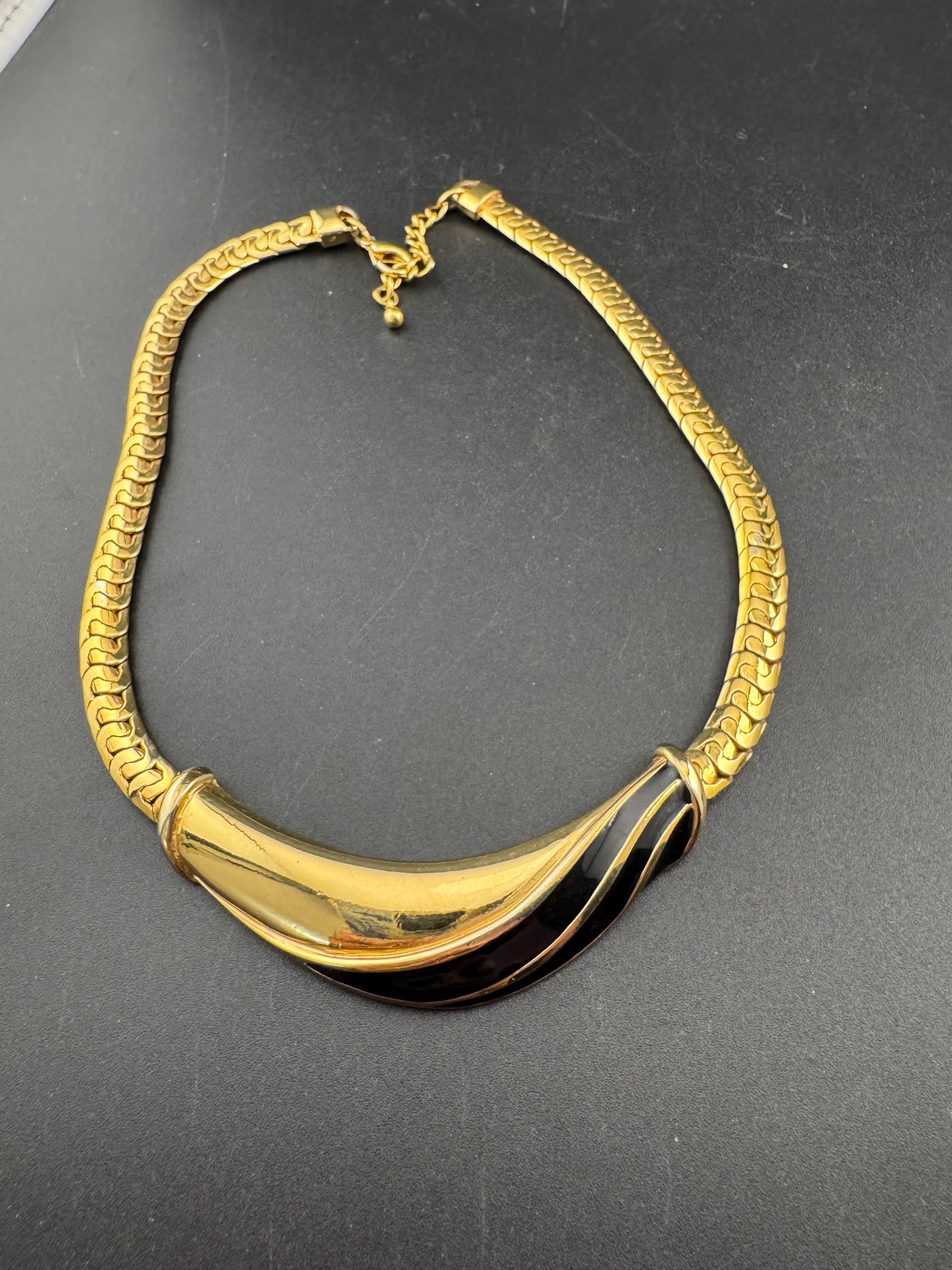 vintage heavy gold plated wide black enamel statement flat chain chunky choker necklace