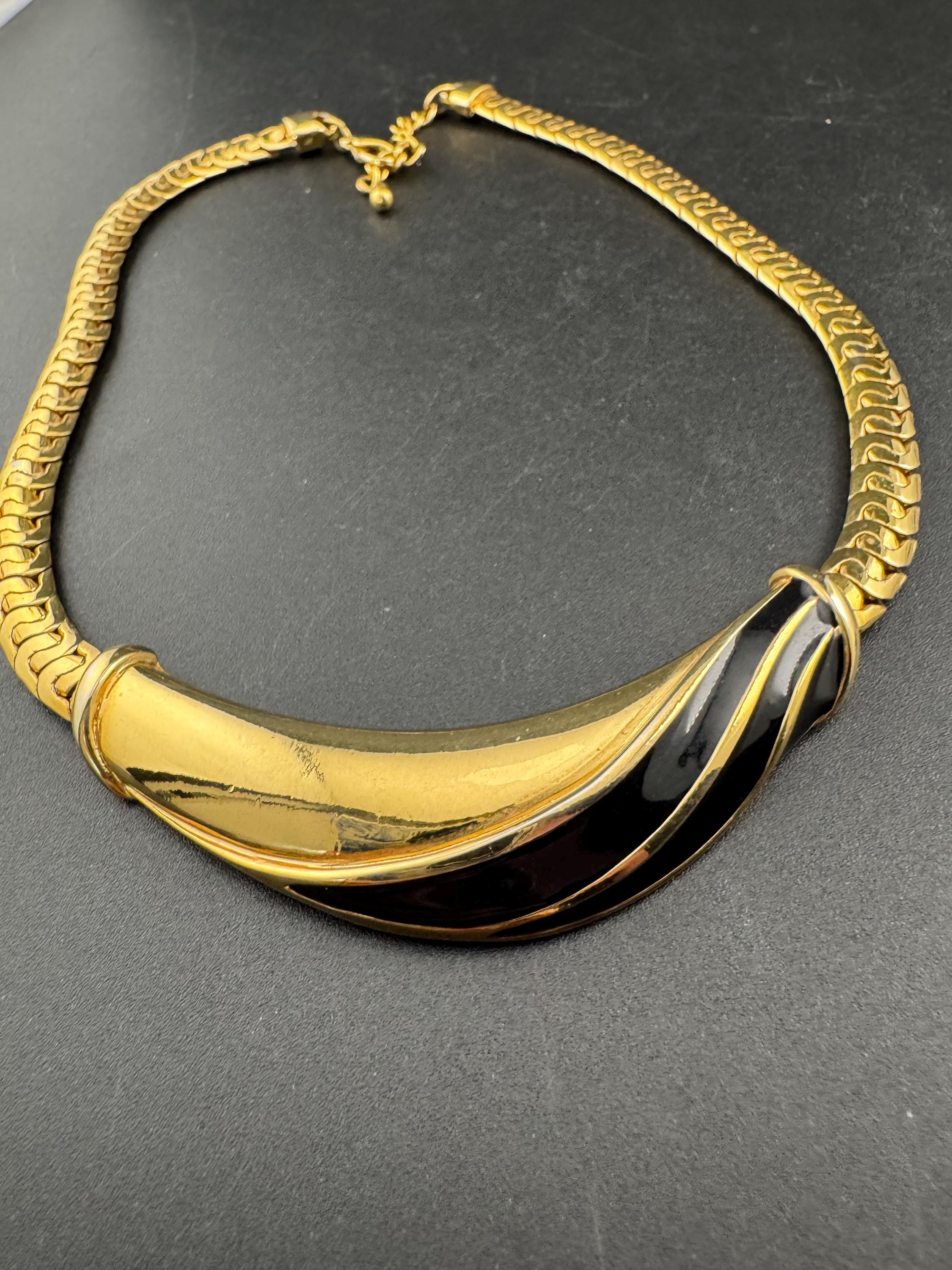 vintage heavy gold plated wide black enamel statement flat chain chunky choker necklace