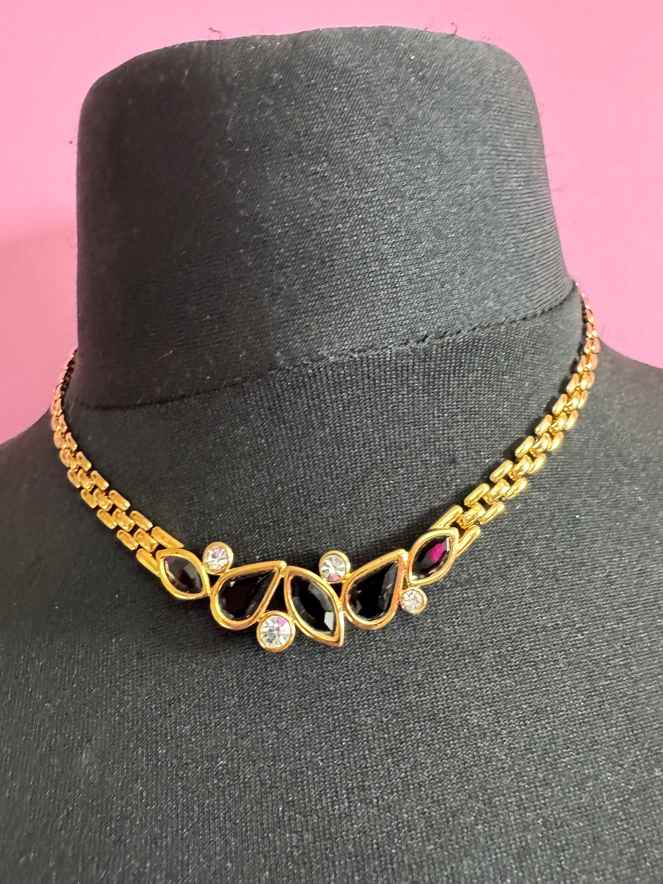 Signed TRIFARI designer black enamel crystal set necklace and matching earring set, Vintage 43cm