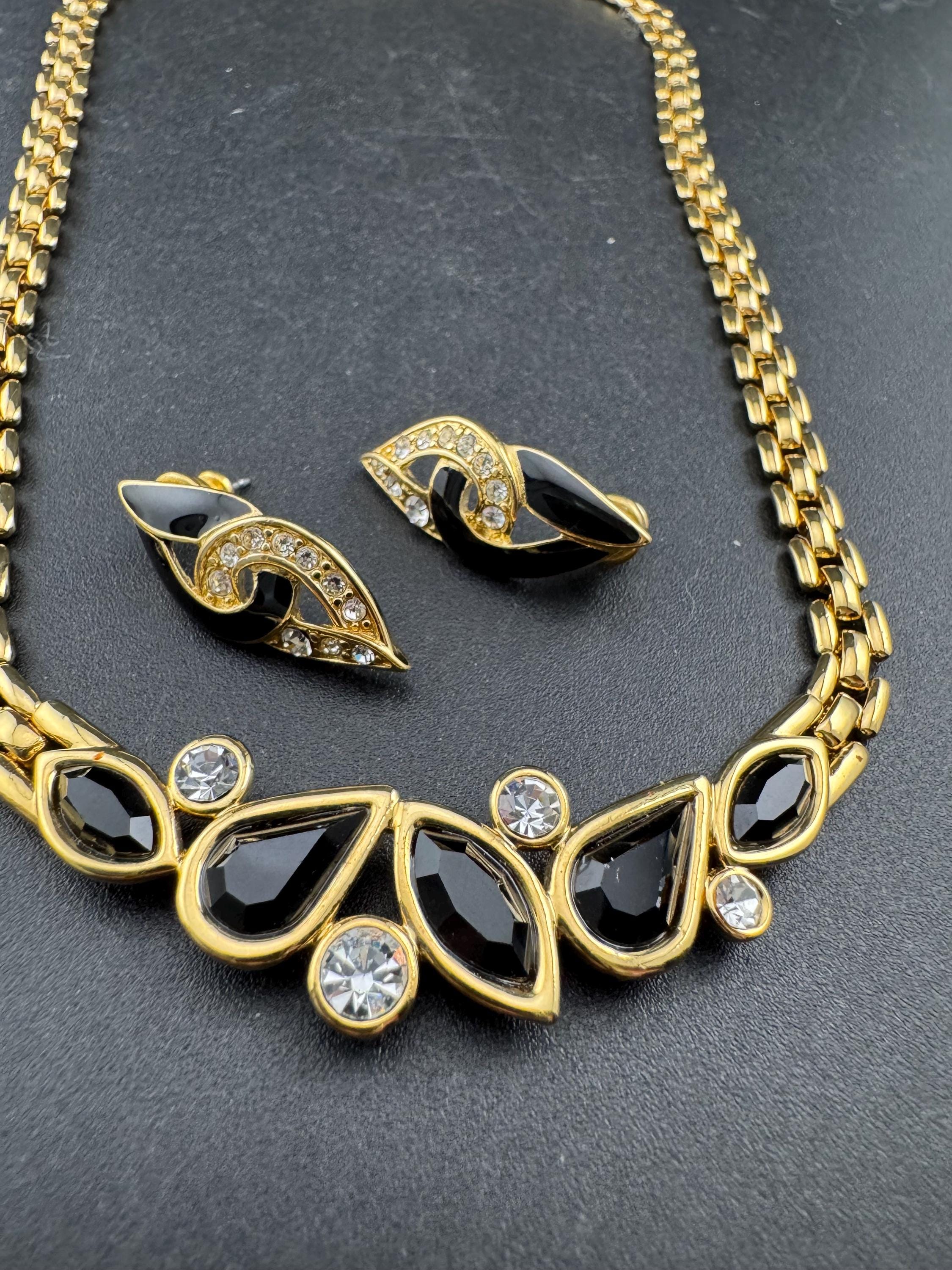 Signed TRIFARI designer black enamel crystal set necklace and matching earring set, Vintage 43cm