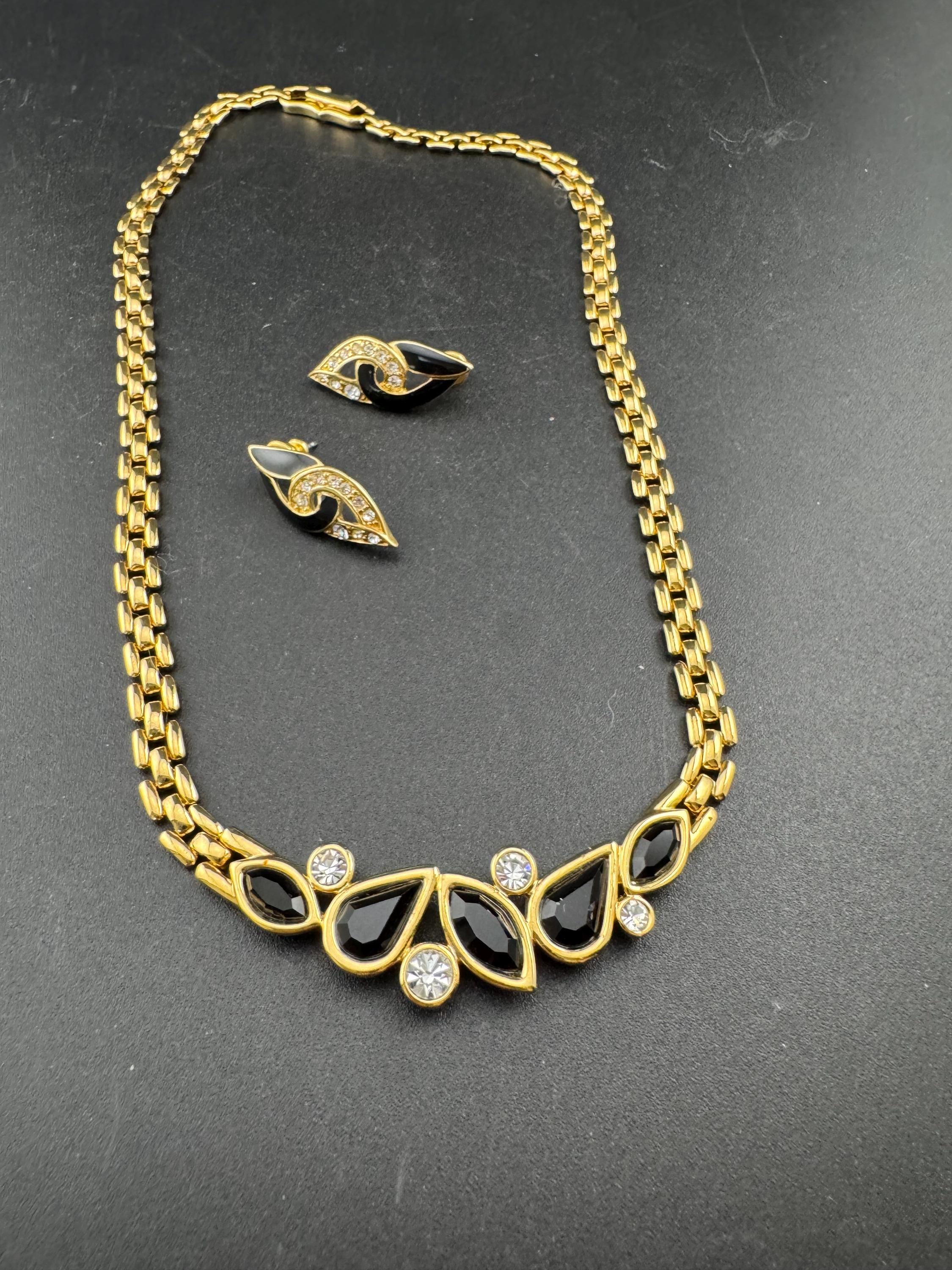 Signed TRIFARI designer black enamel crystal set necklace and matching earring set, Vintage 43cm