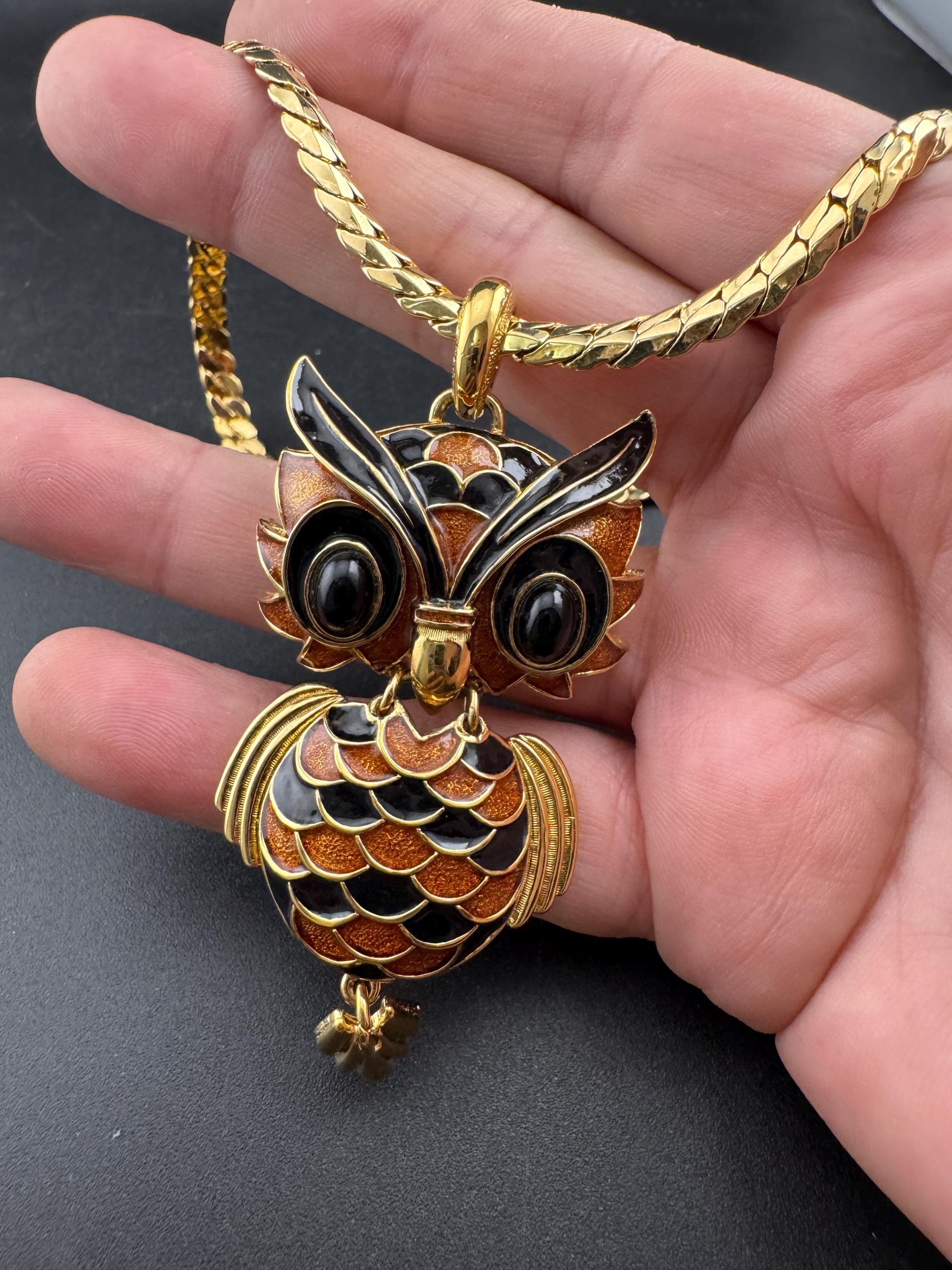 D'Orlan Enamel Owl Pendant Necklace: 1970s Gold Plated Chain designer