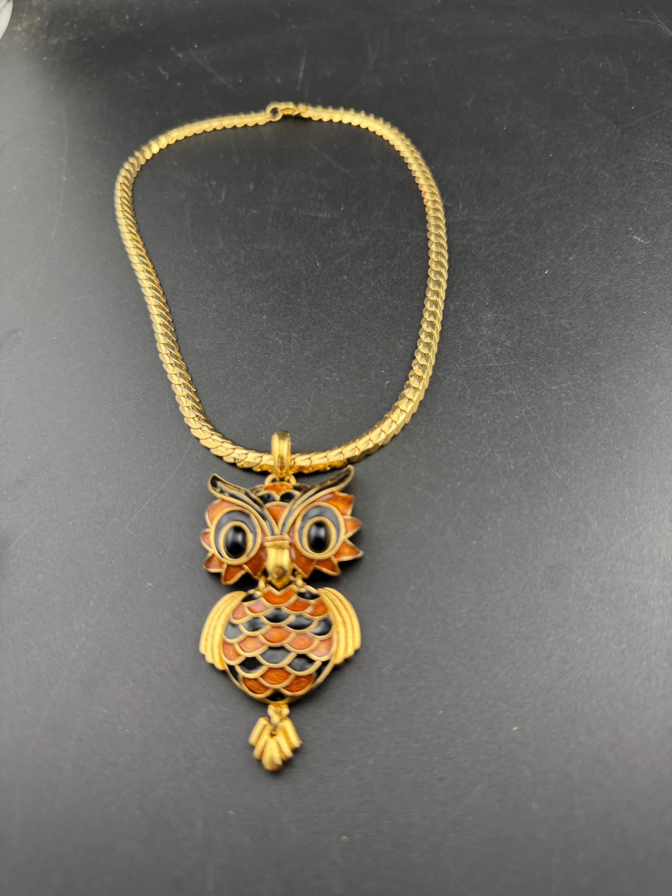 D'Orlan Enamel Owl Pendant Necklace: 1970s Gold Plated Chain designer