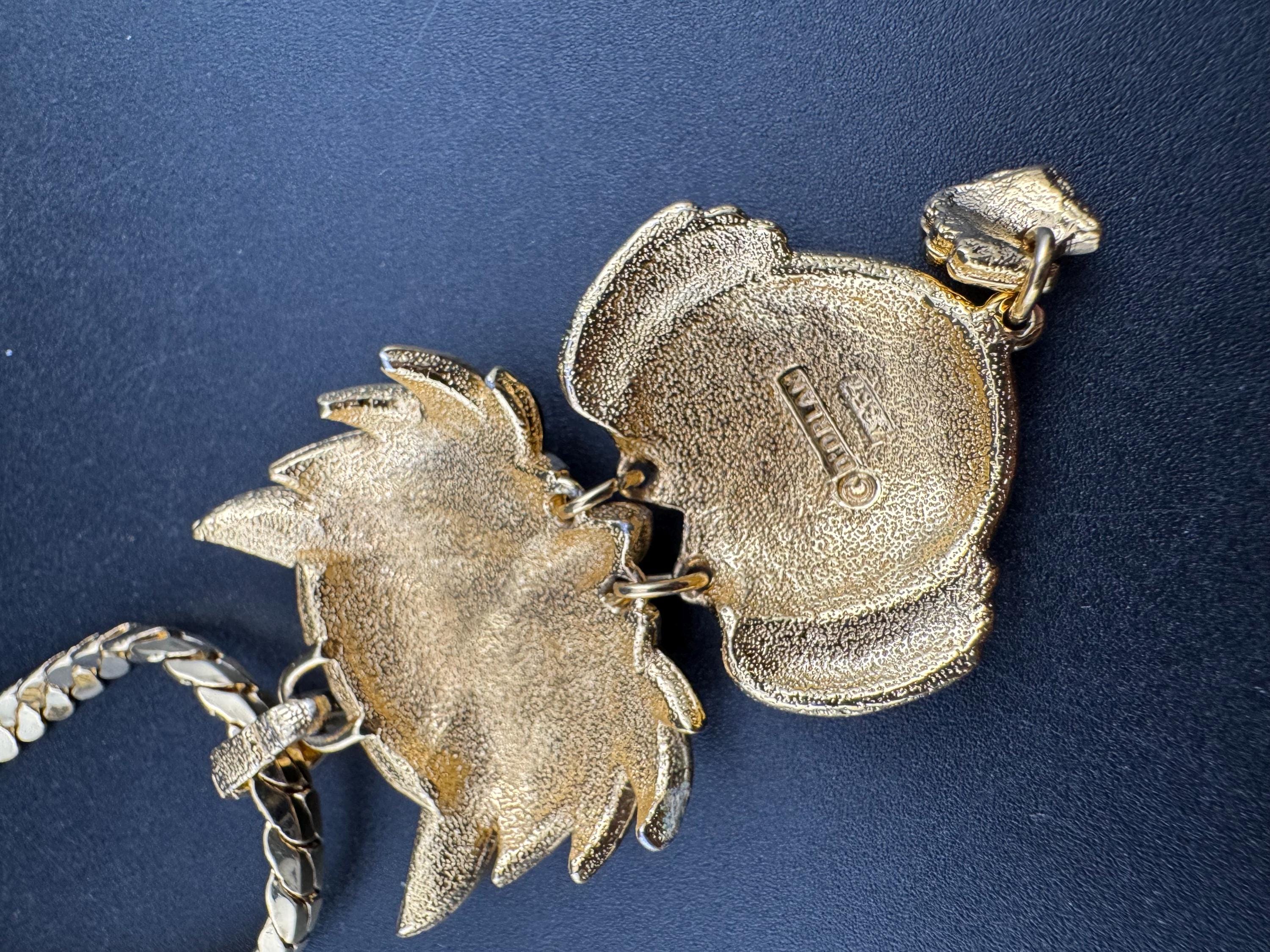 D'Orlan Enamel Owl Pendant Necklace: 1970s Gold Plated Chain designer