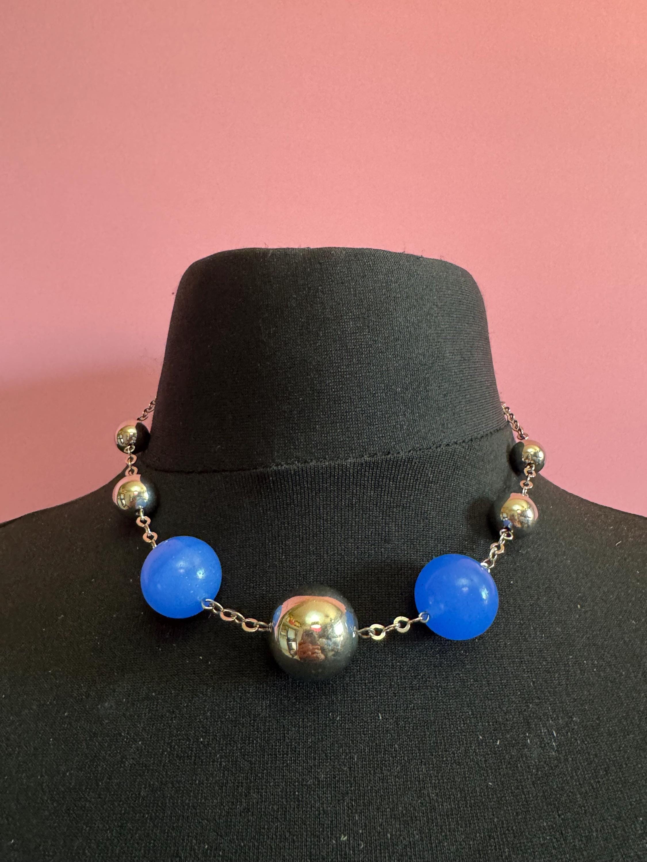 Genuine Czech silver Chromed deep blue glass bead necklace jakob Bengel era