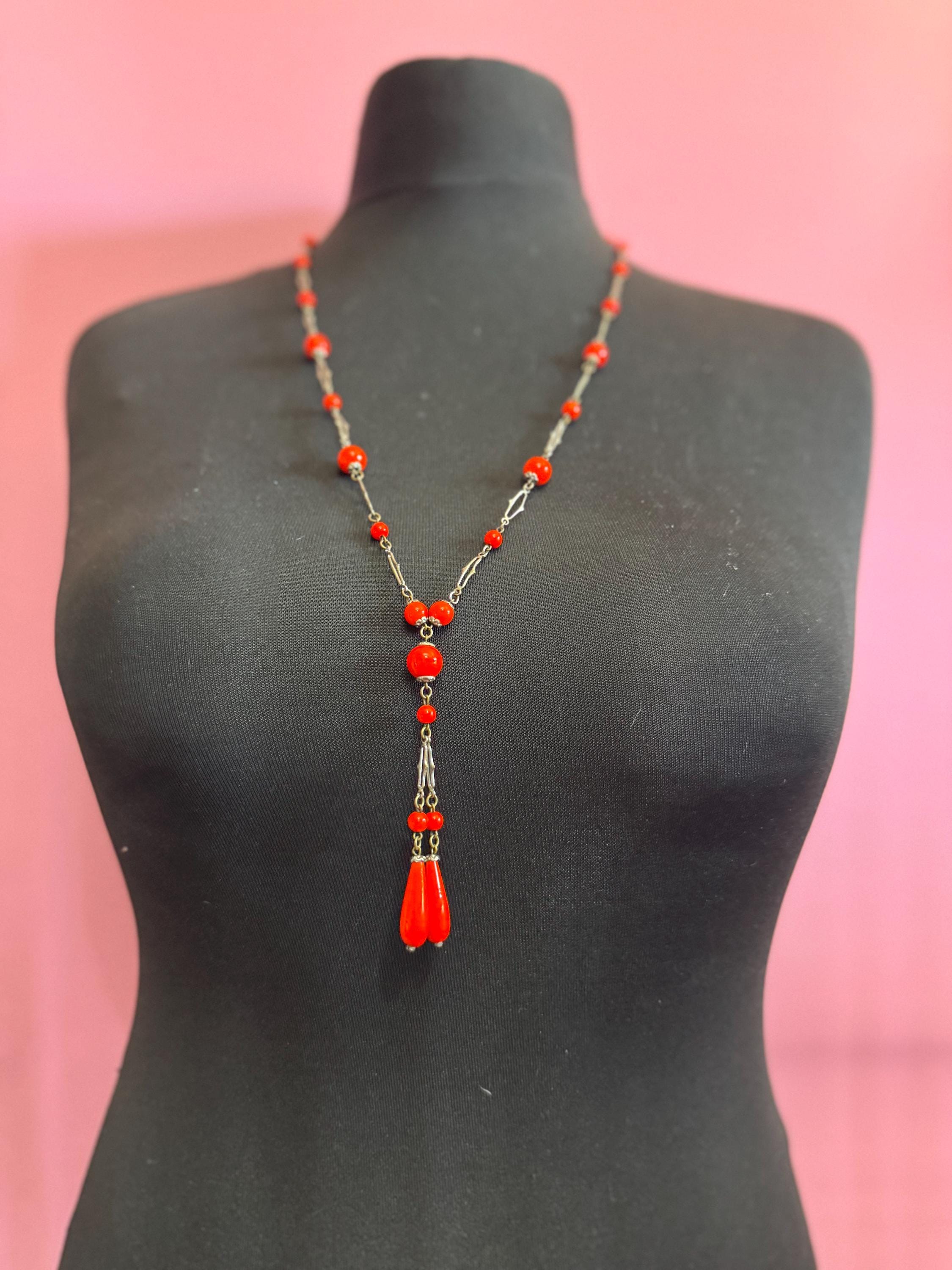 Antique Czech red teardrop glass beaded Art Deco lariat dropper necklace