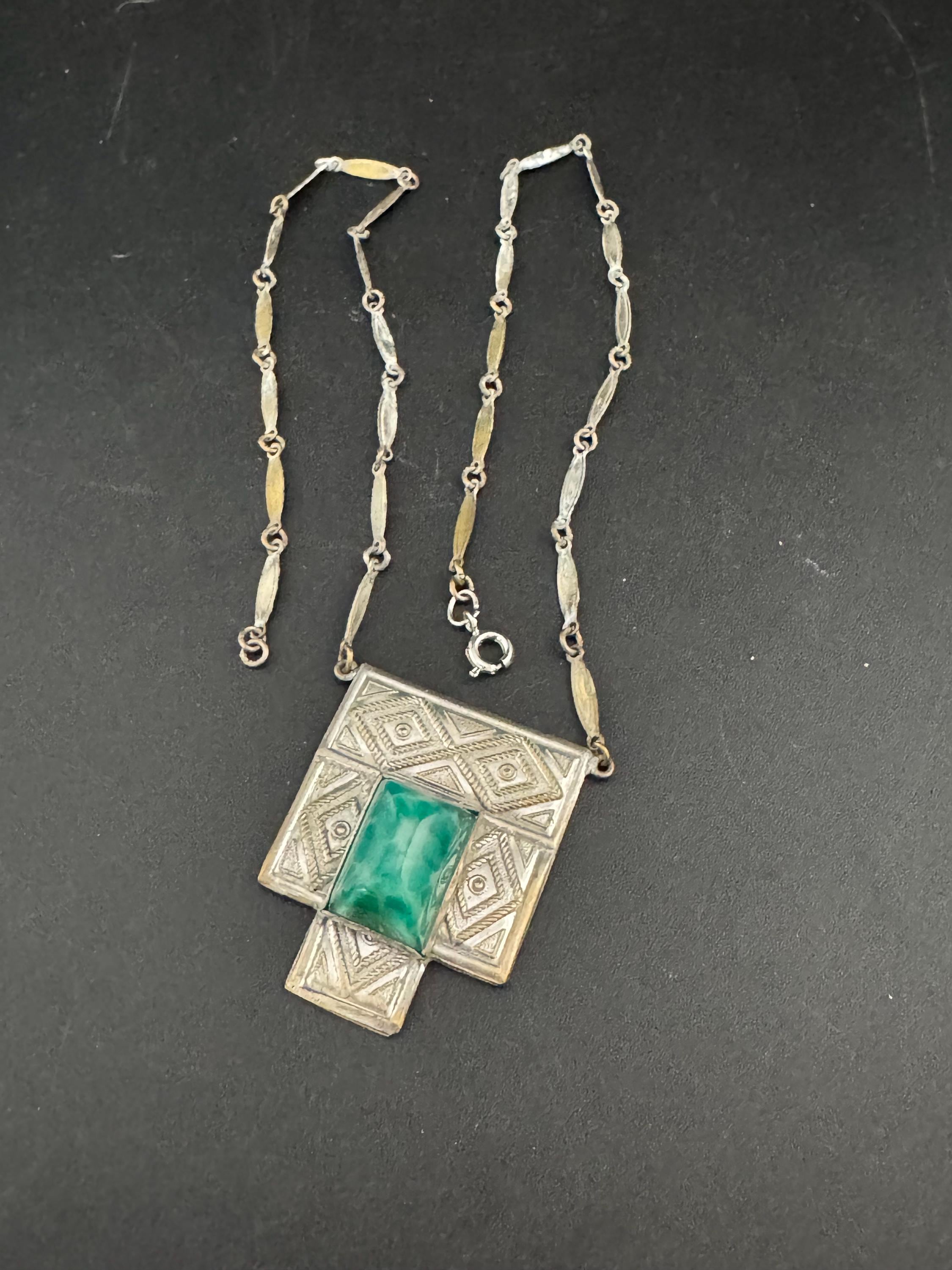 Art Deco Peking Glass Necklace: Silver Chrome Geometric Pendant, 1920s Style