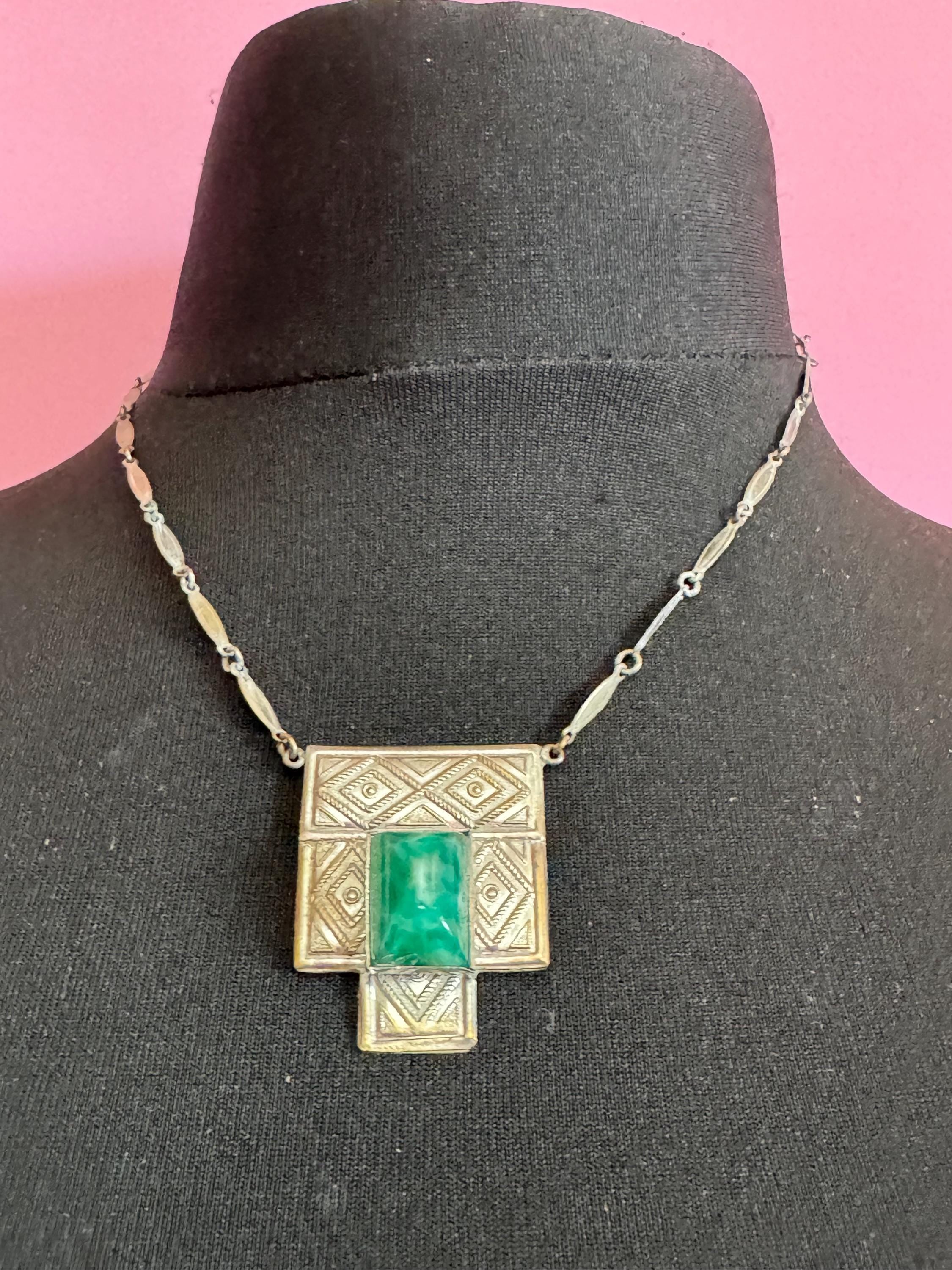 Art Deco Peking Glass Necklace: Silver Chrome Geometric Pendant, 1920s Style