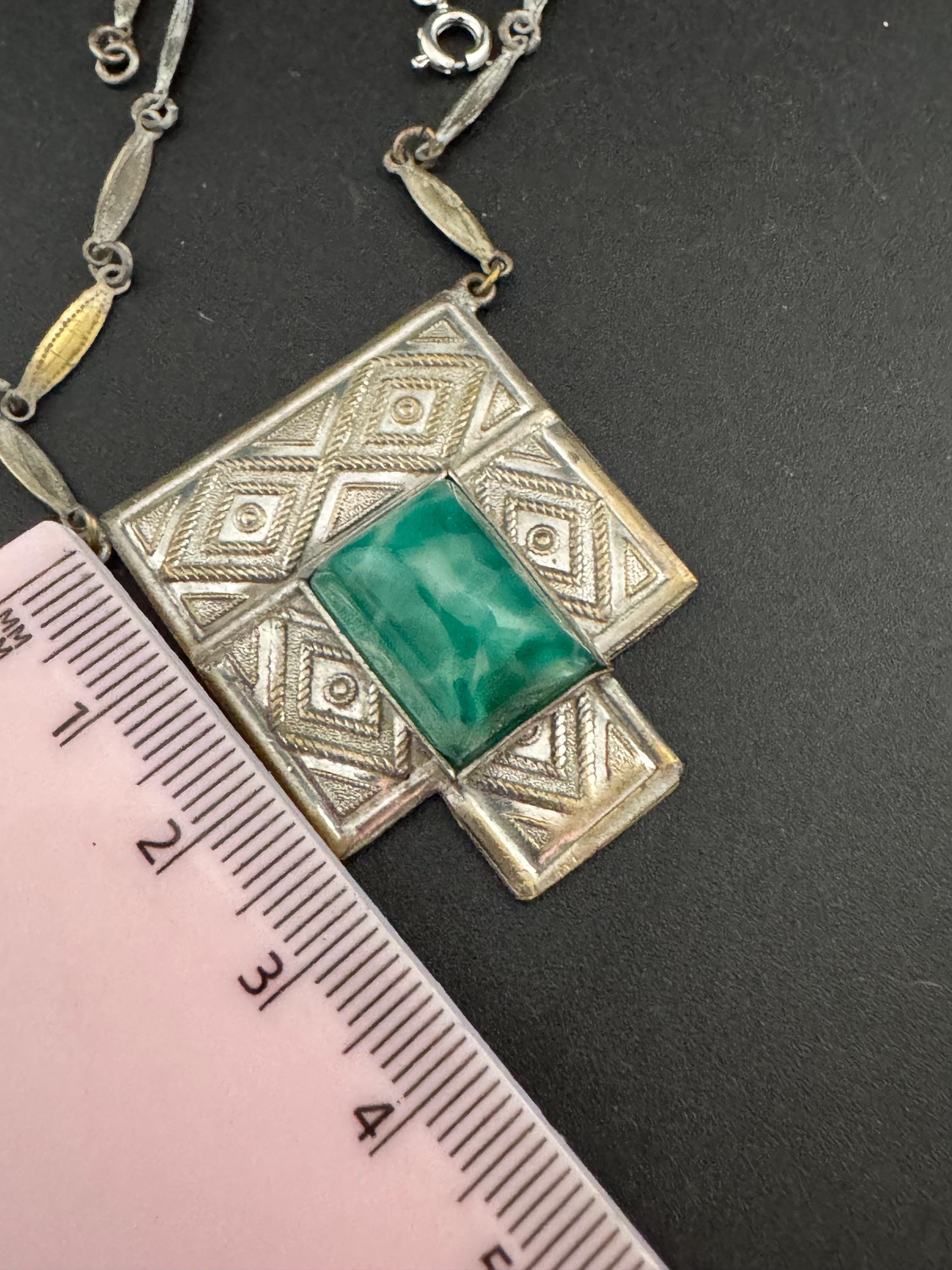 Art Deco Peking Glass Necklace: Silver Chrome Geometric Pendant, 1920s Style
