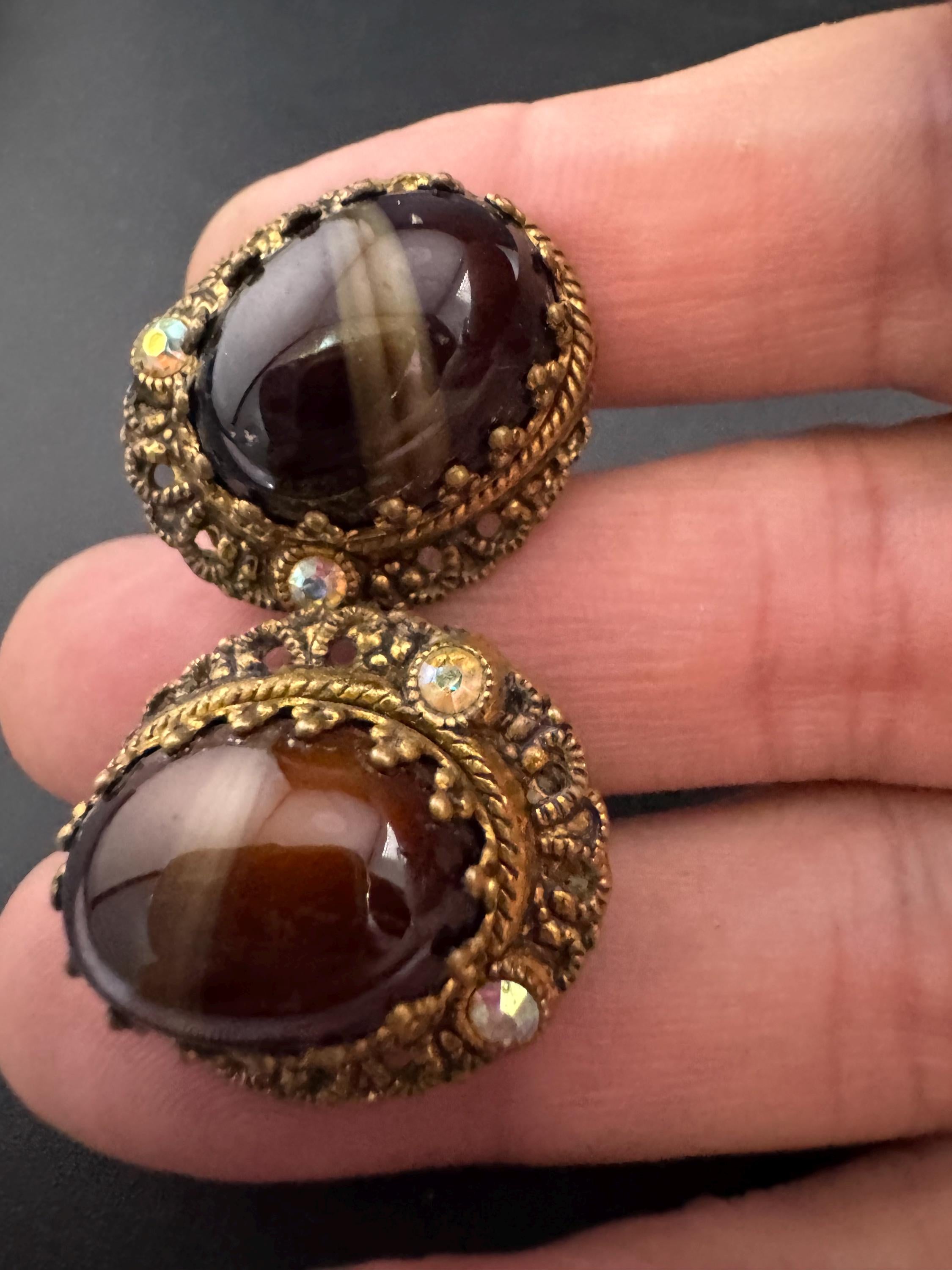 As found Vintage Czech filigree brass brown givre glass beaded ab crystal clip on earrings