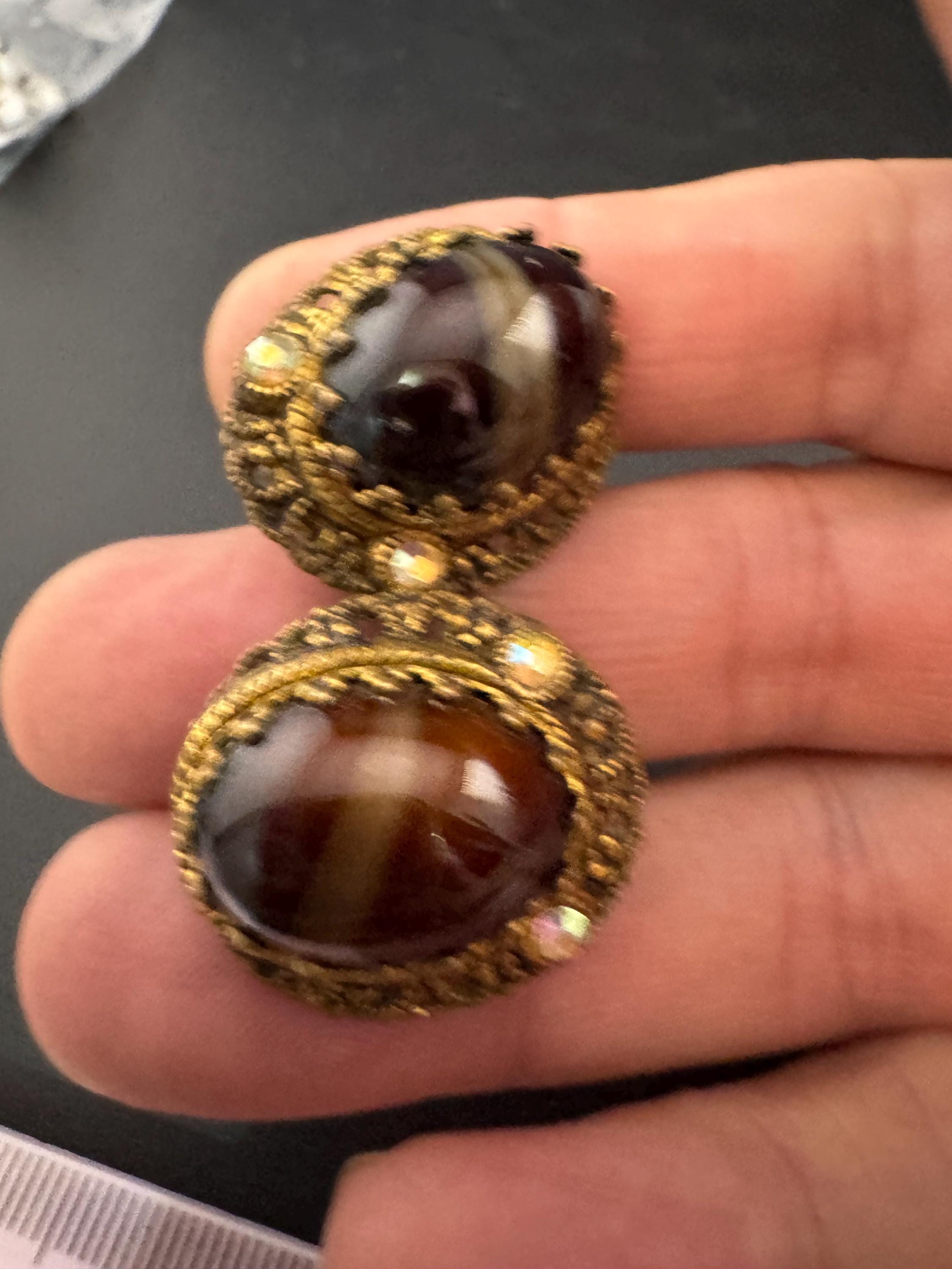As found Vintage Czech filigree brass brown givre glass beaded ab crystal clip on earrings