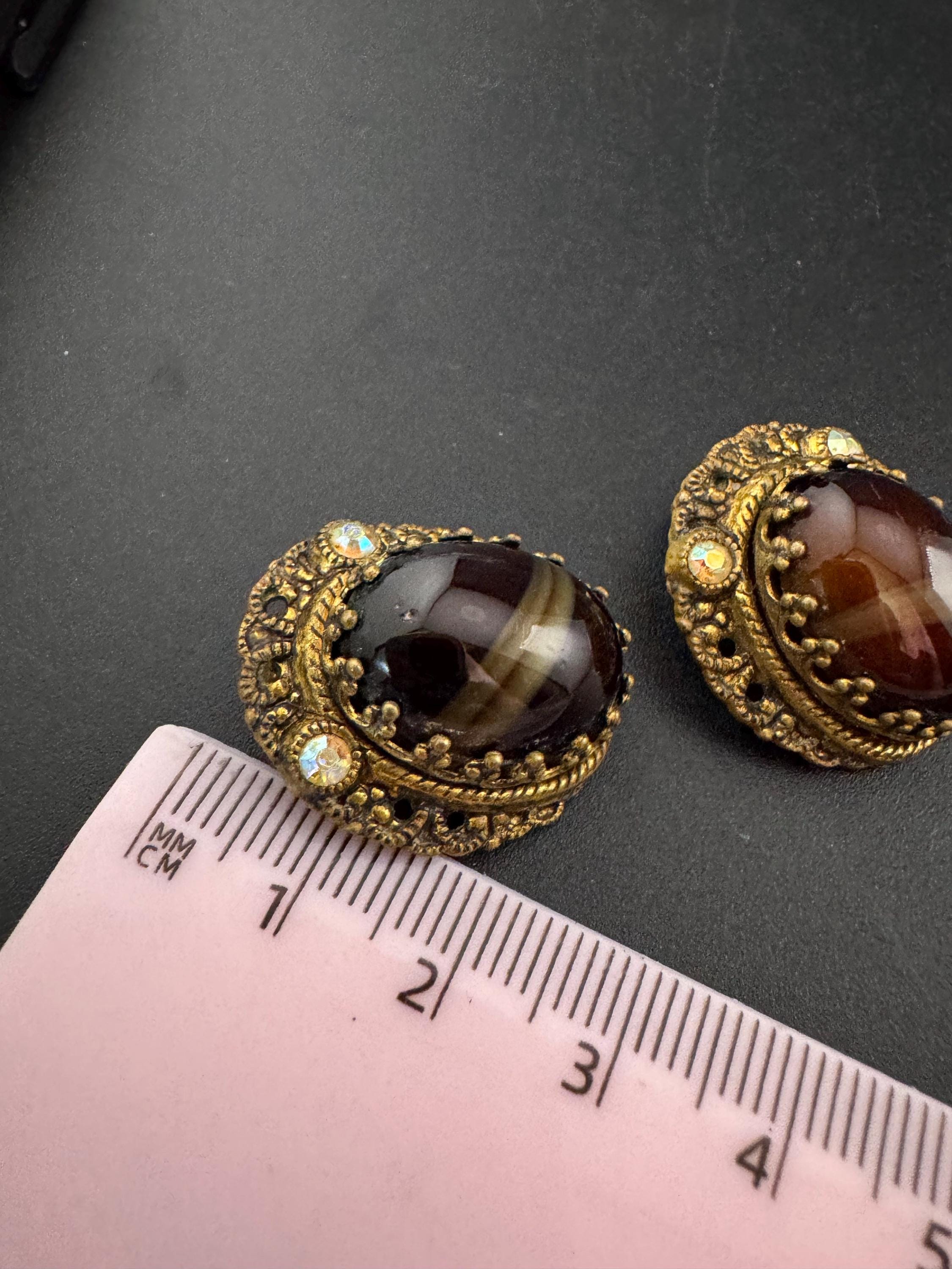As found Vintage Czech filigree brass brown givre glass beaded ab crystal clip on earrings