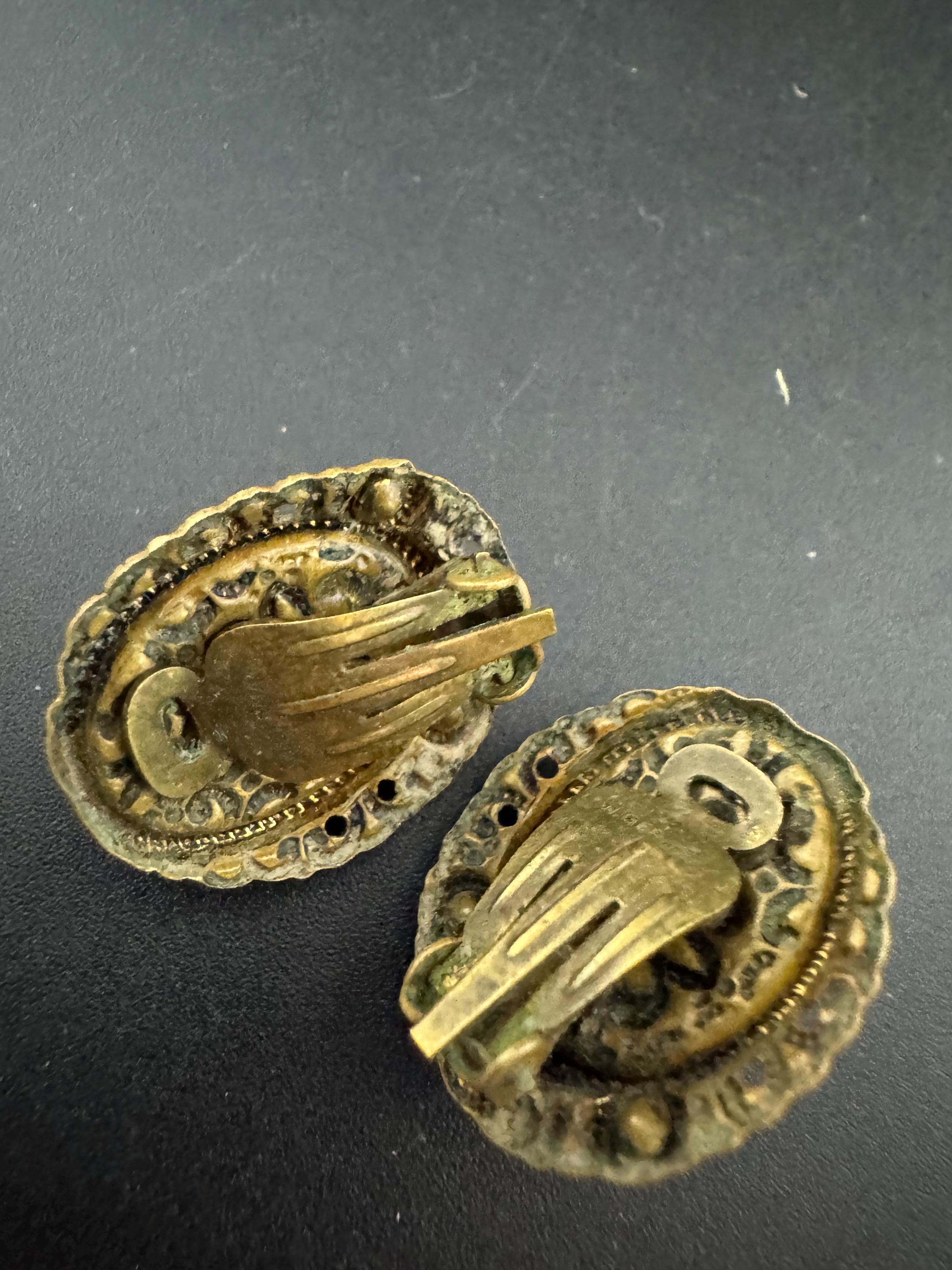 As found Vintage Czech filigree brass brown givre glass beaded ab crystal clip on earrings
