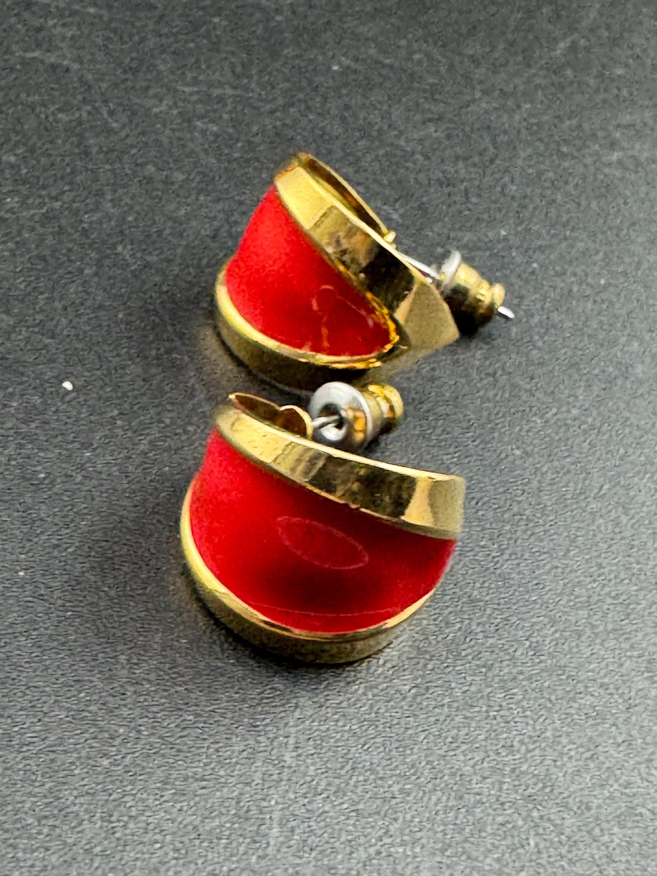 Vintage 18k Gold Plated Red Enamel Hoop Earrings