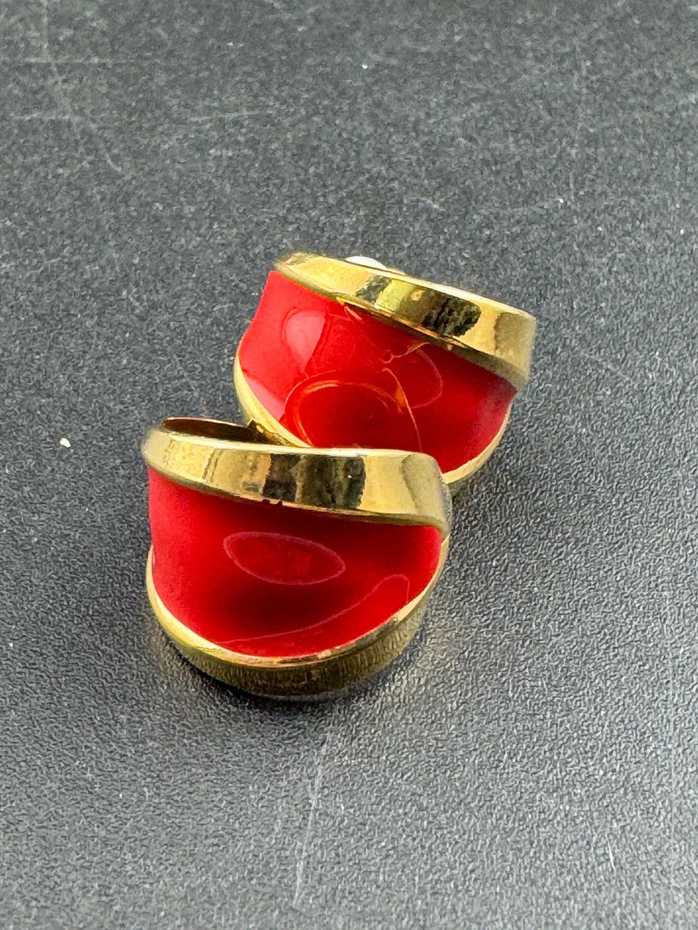Vintage 18k Gold Plated Red Enamel Hoop Earrings