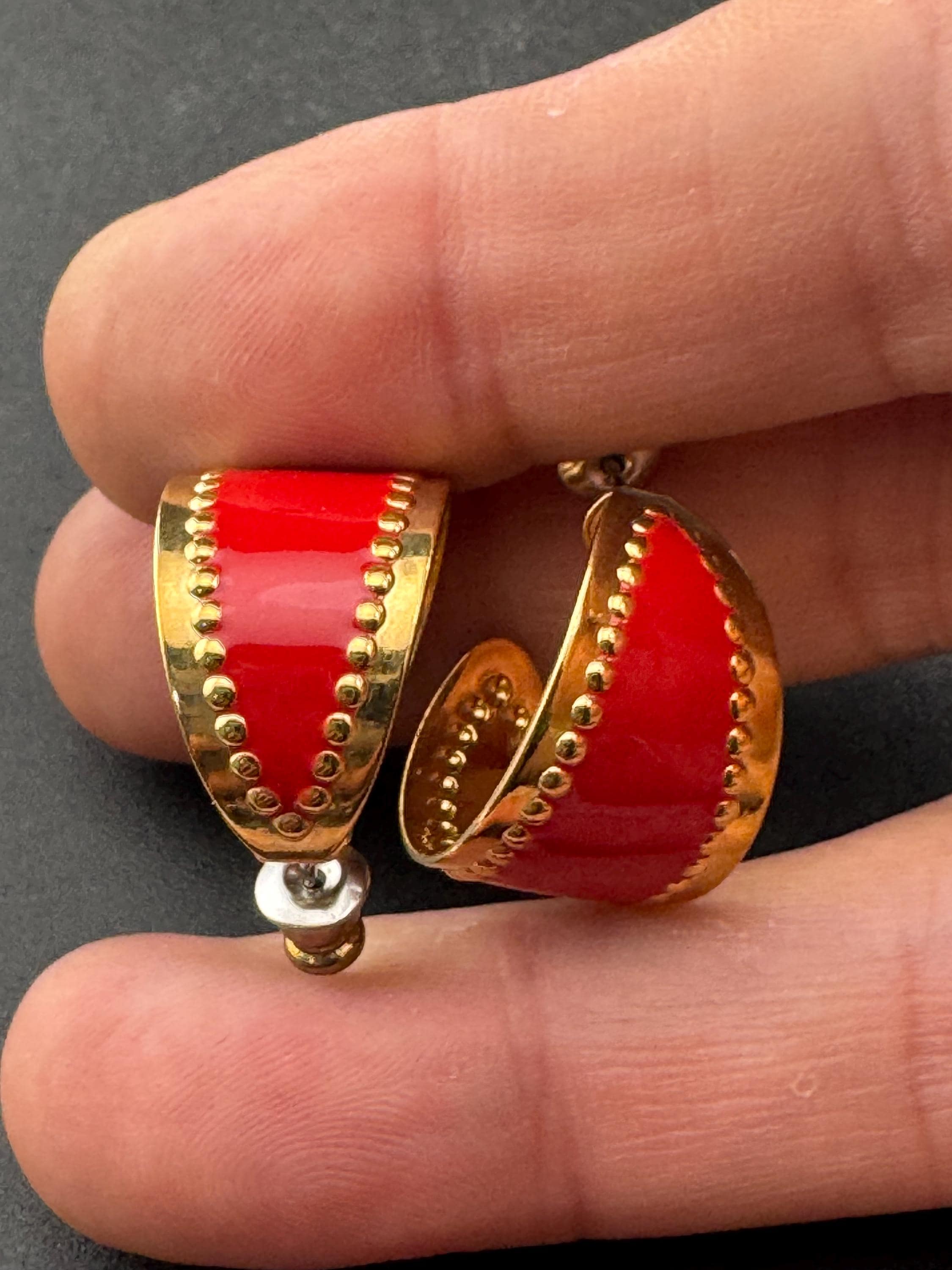 Vintage 18k Gold Plated Red Enamel Hoop Earrings