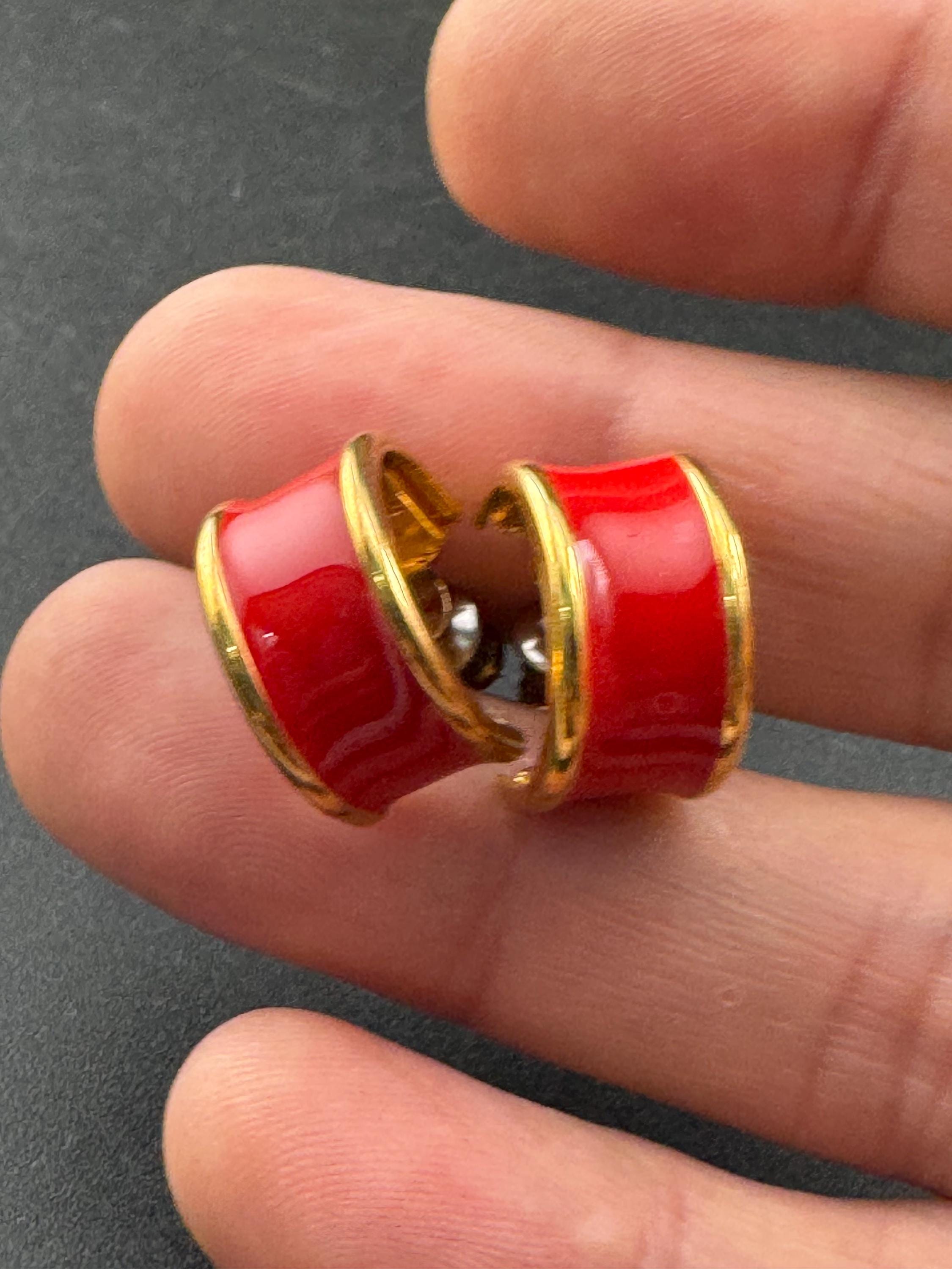 Vintage 18k Gold Plated Red Enamel Half Hoop Earrings