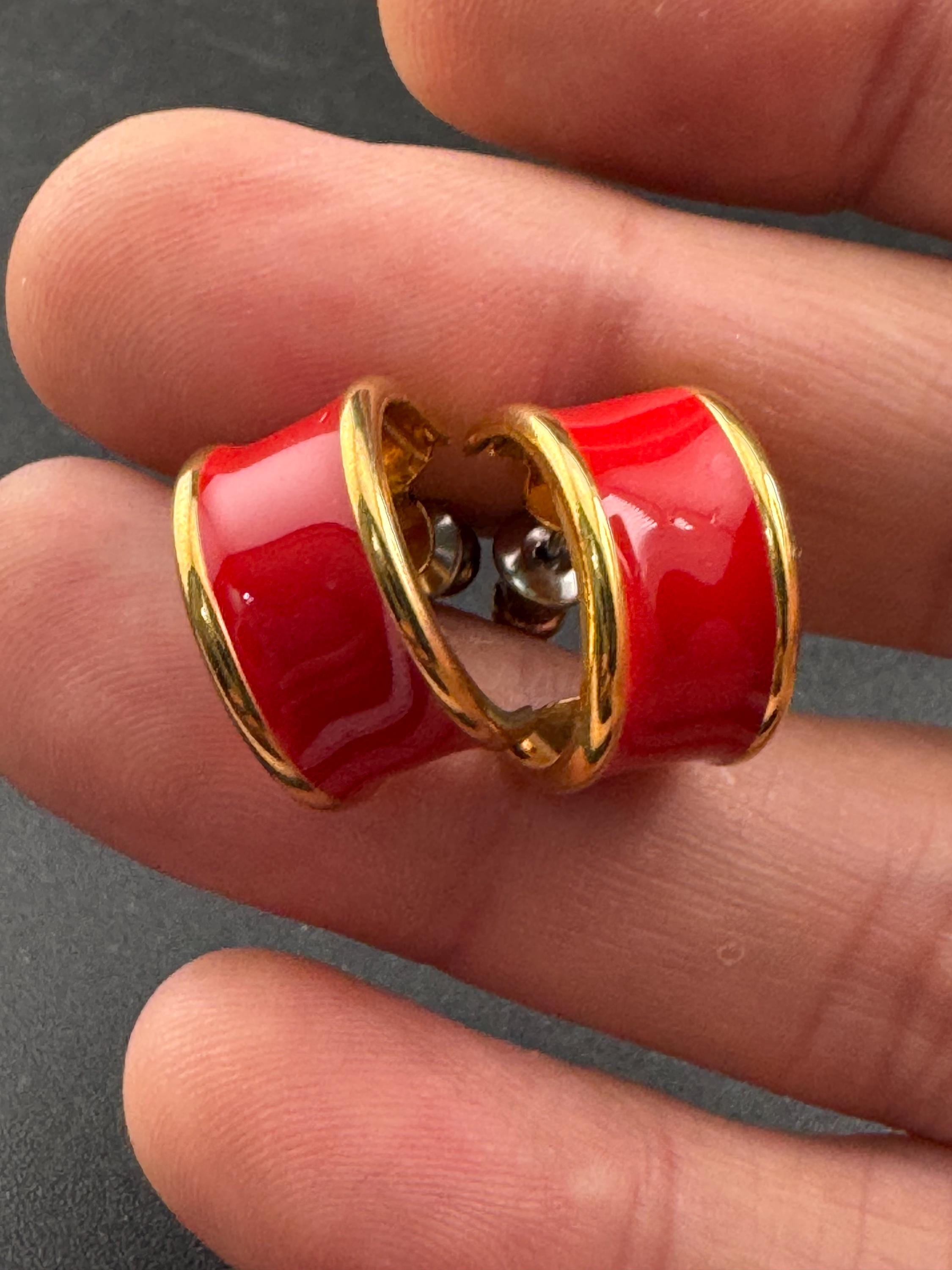 Vintage 18k Gold Plated Red Enamel Half Hoop Earrings