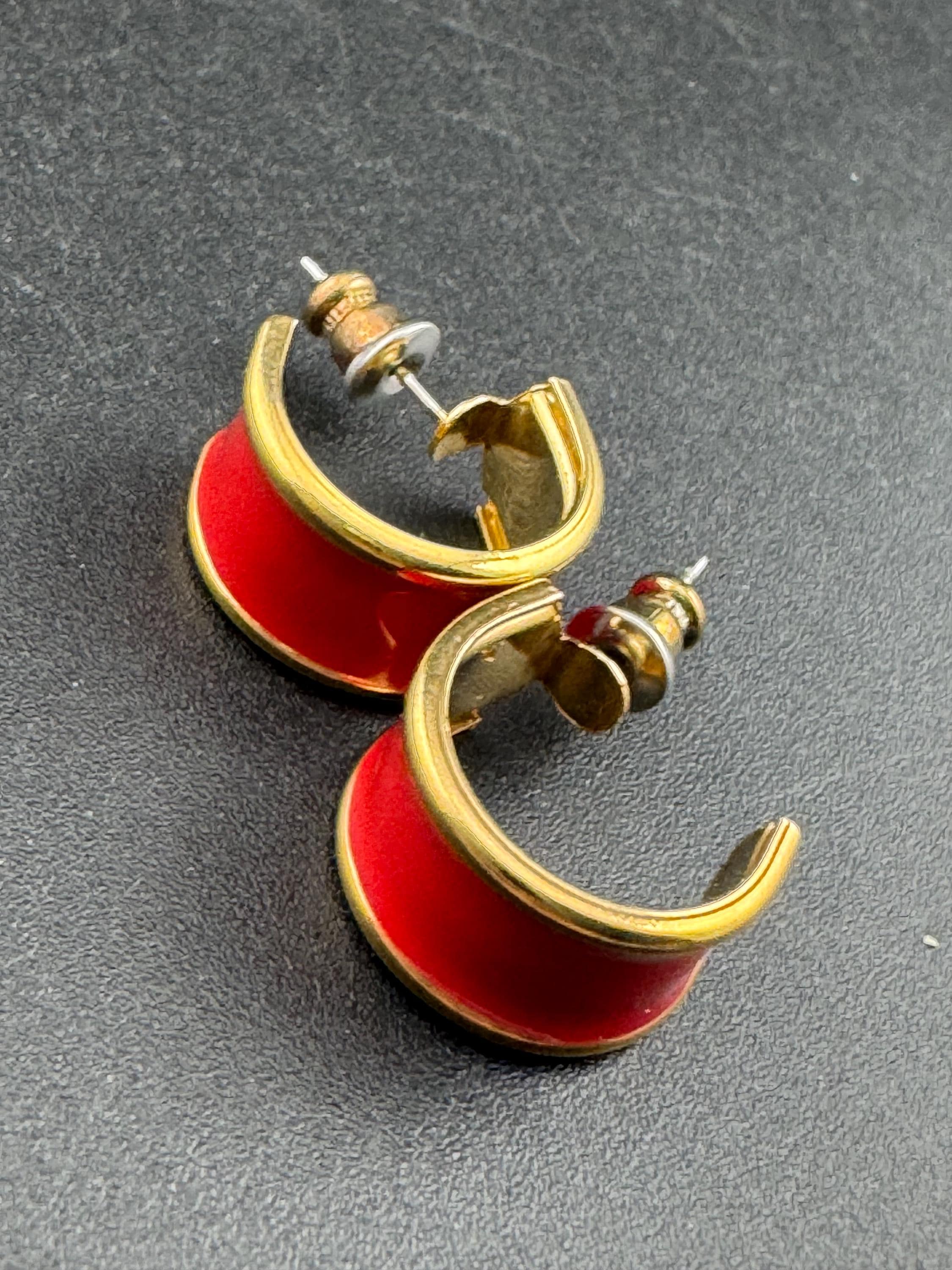 Vintage 18k Gold Plated Red Enamel Half Hoop Earrings