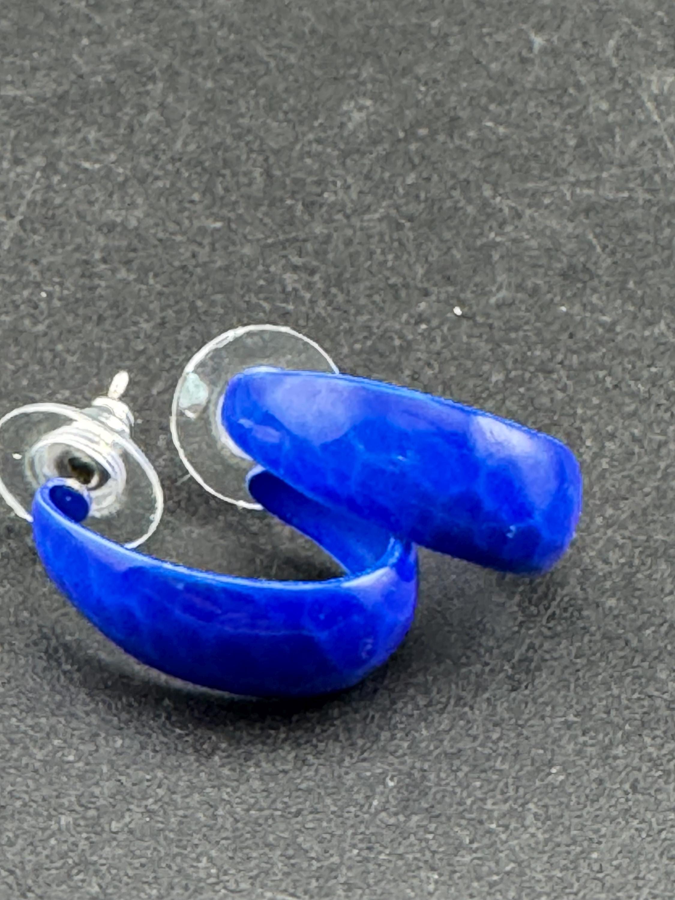 1980s Gold Tone Blue Enamel Half Hoop Earrings