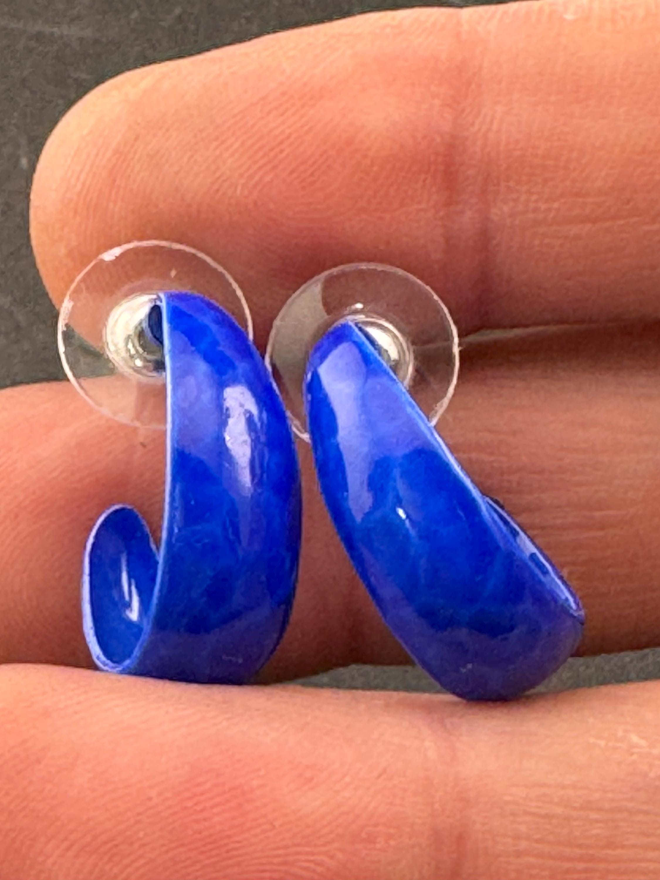 1980s Gold Tone Blue Enamel Half Hoop Earrings