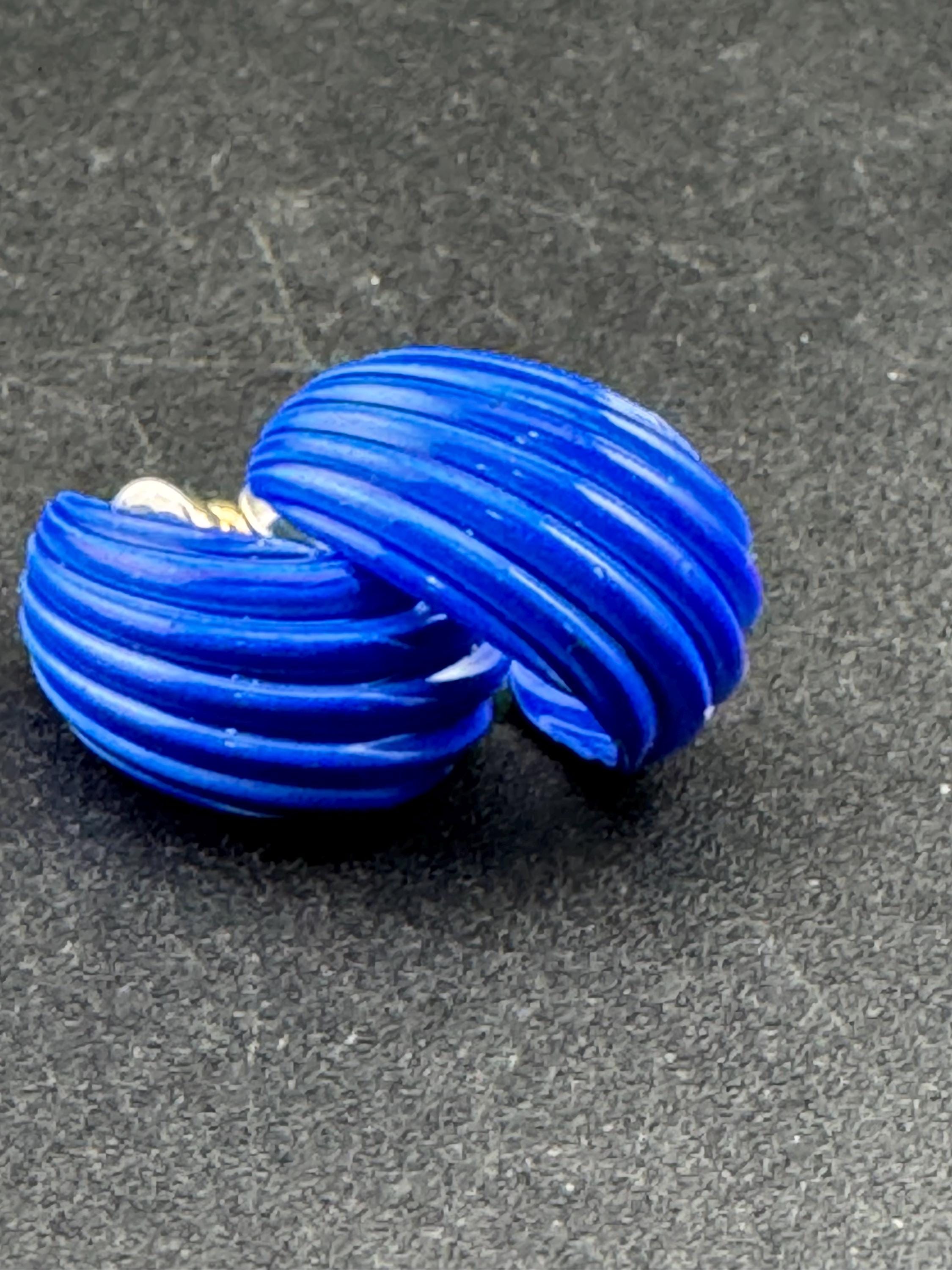 1980s Gold Tone Blue Enamel Half Hoop Earrings