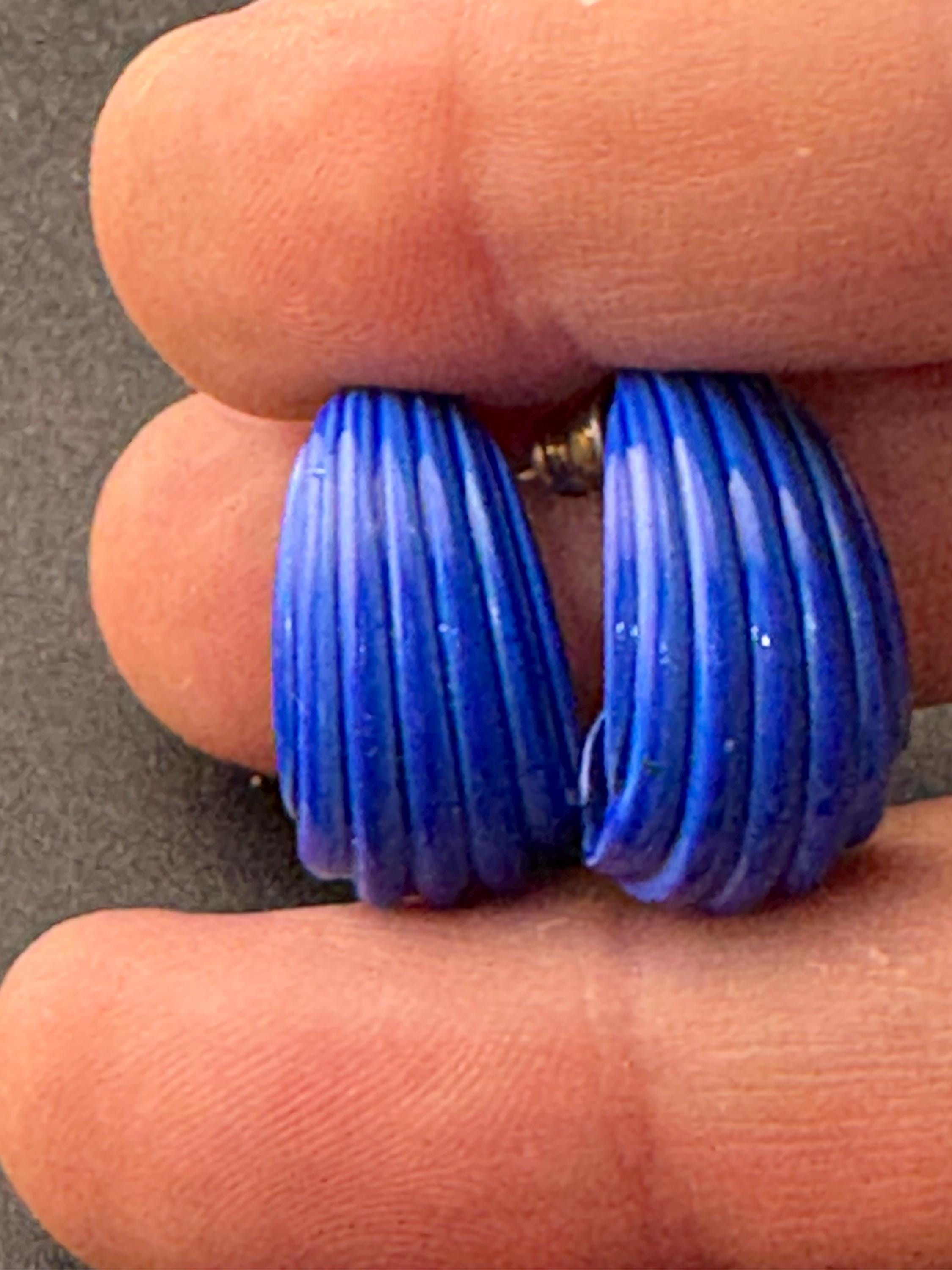 1980s Gold Tone Blue Enamel Half Hoop Earrings