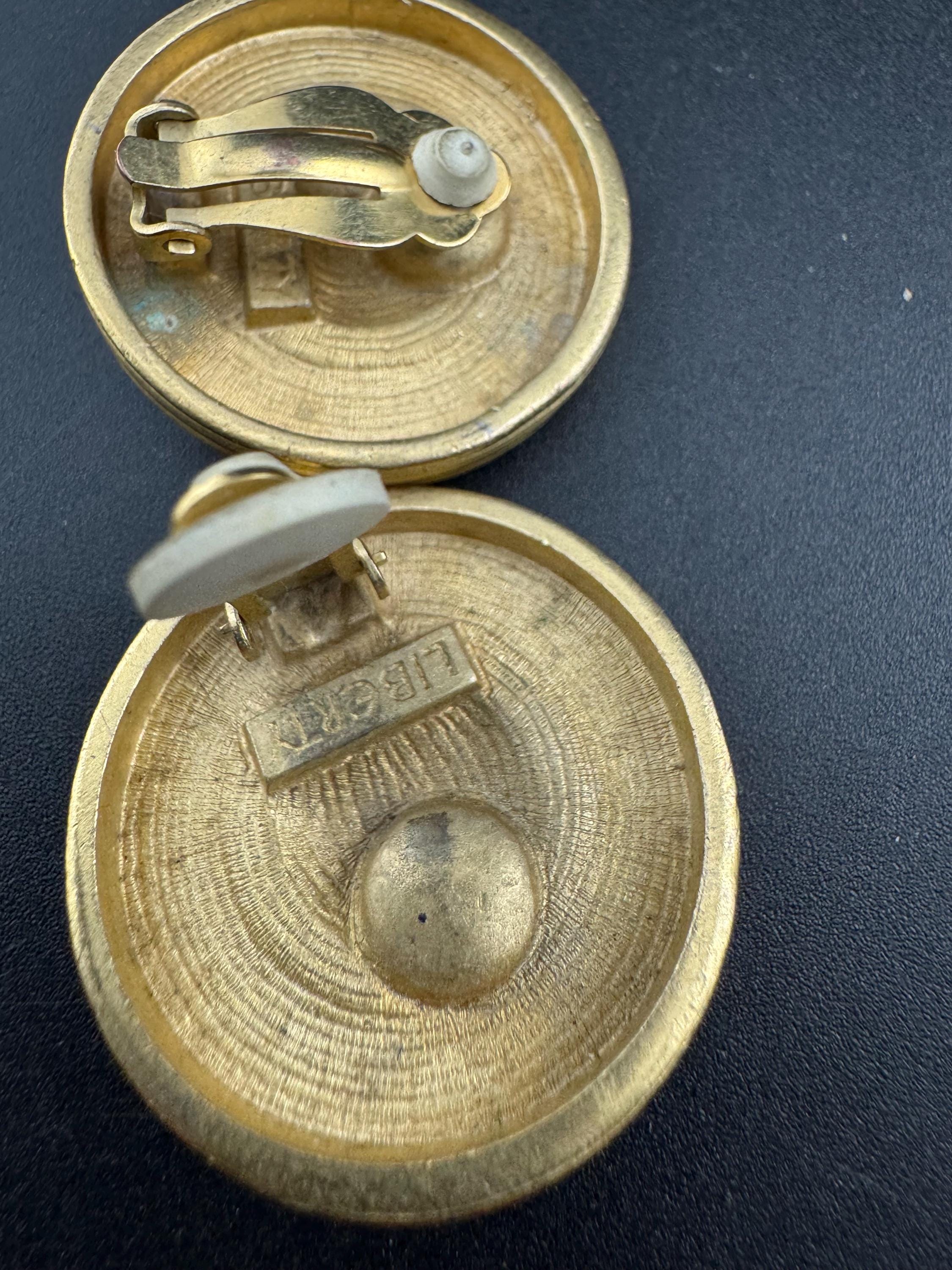 Signed Liberty Clip On Earrings: Dark Olive Green Openwork Discs