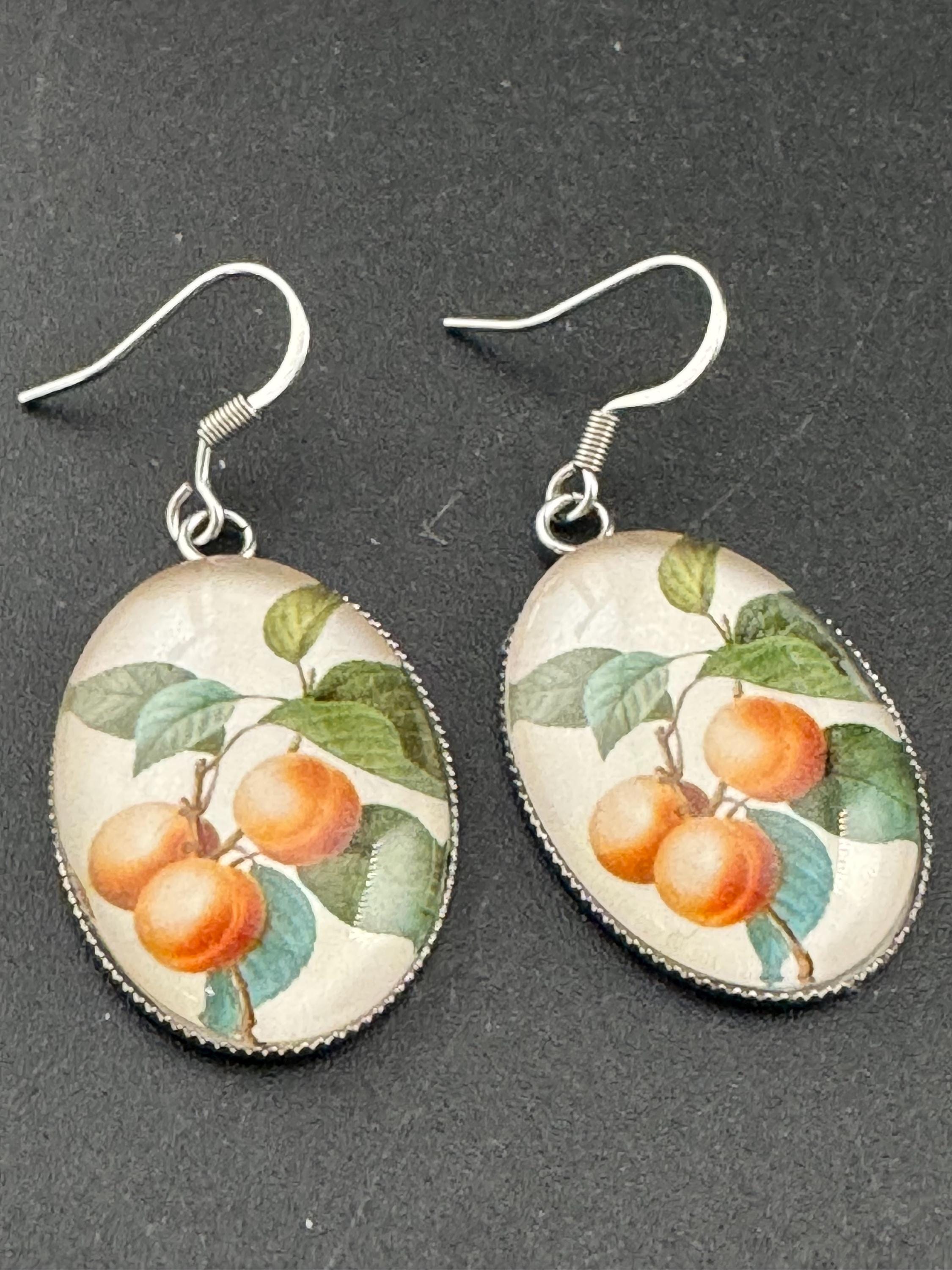 Peaches nectarines Spring garden oval glass cabochon fruit earrings, stainless steel, non tarnish earwires and fittings