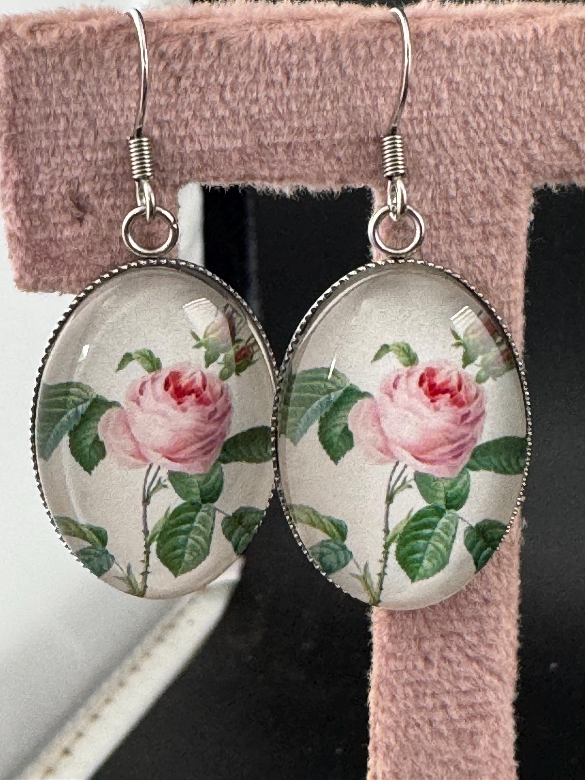 Pink roses garden flowers handmade oval glass cabochon earrings, stainless steel, non tarnish earwires and fittings, ideal spring summer