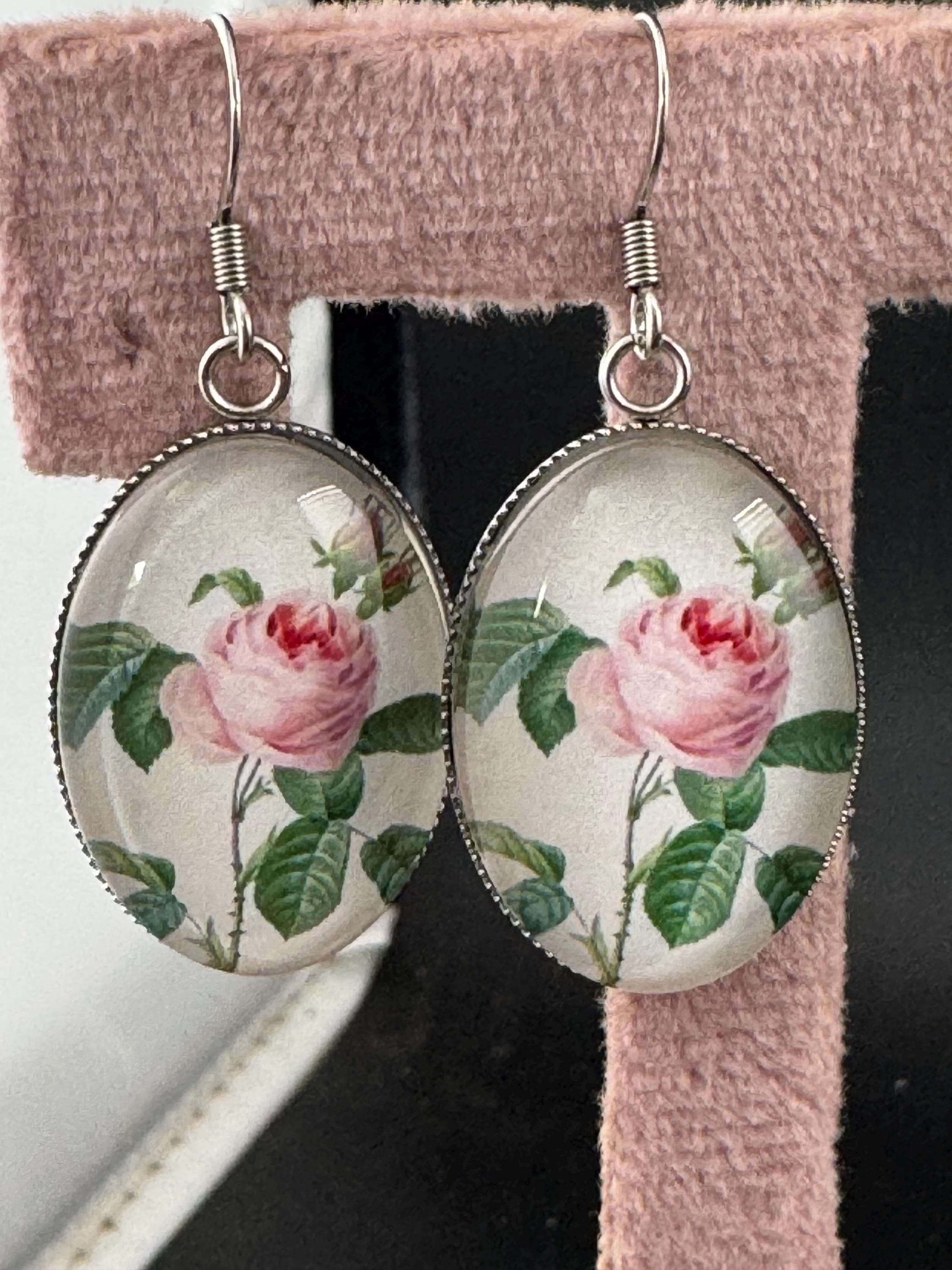 Pink roses garden flowers handmade oval glass cabochon earrings, stainless steel, non tarnish earwires and fittings, ideal spring summer