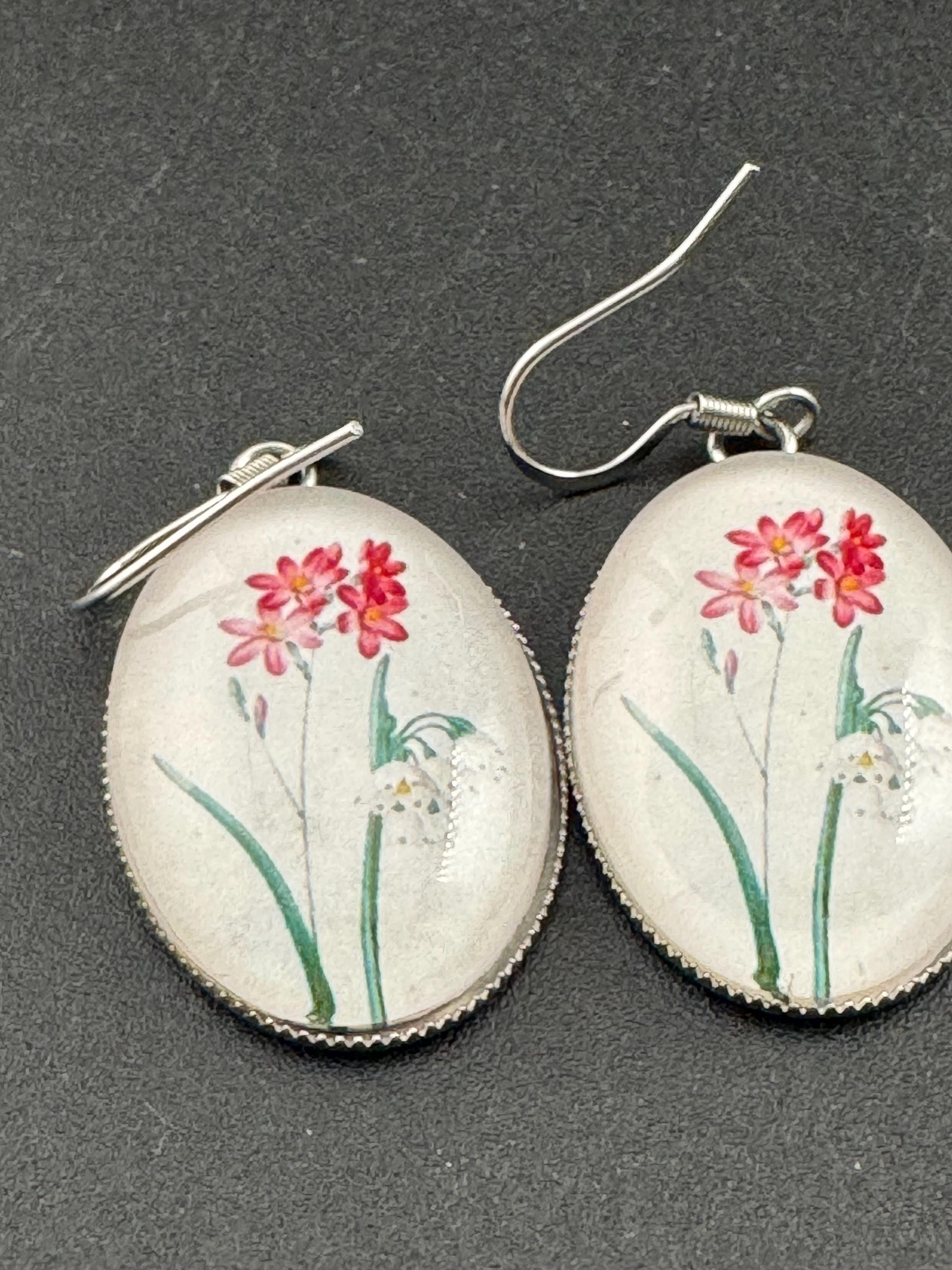 Pink and red garden flowers handmade oval glass cabochon earrings, stainless steel, non tarnish earwires and fittings, ideal spring summer